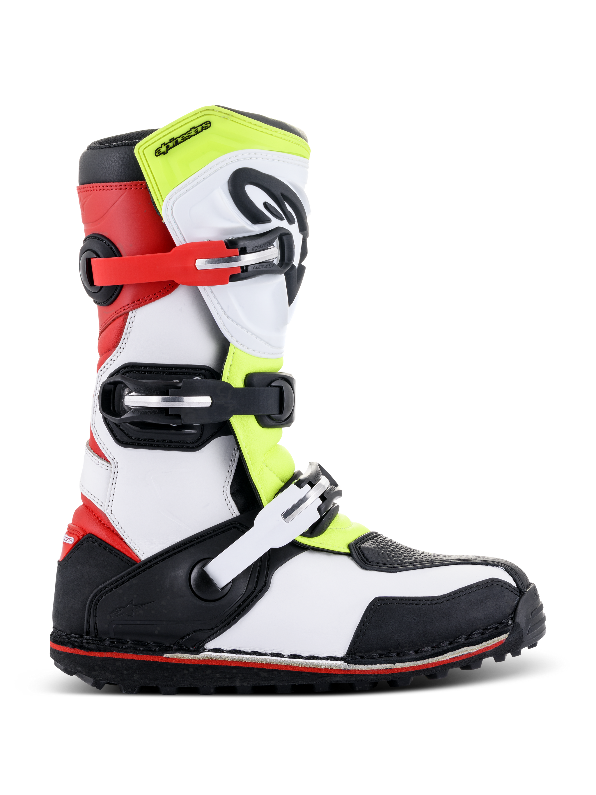 Botas Alpinestars Tech-T, botas de trial, branco, vermelho, amarelo fluorescente e preto, com caneleira protetora, fivelas ajustáveis em vermelho e preto e sola especializada para trial, vista de perfil lateral