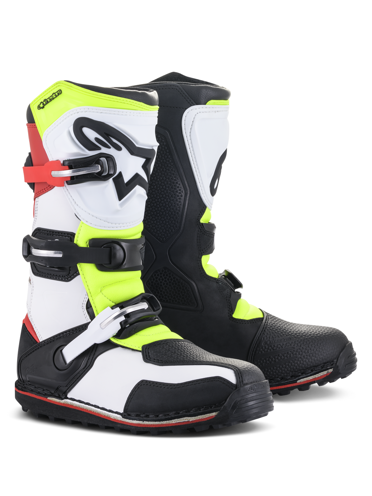 Botas Alpinestars Tech-T, calçado de motociclismo para trial, branco, vermelho, amarelo néon e preto, com caneleira ergonómica com logótipo de estrela, fechos de fivela seguros e sola especializada para condução técnica todo-o-terreno