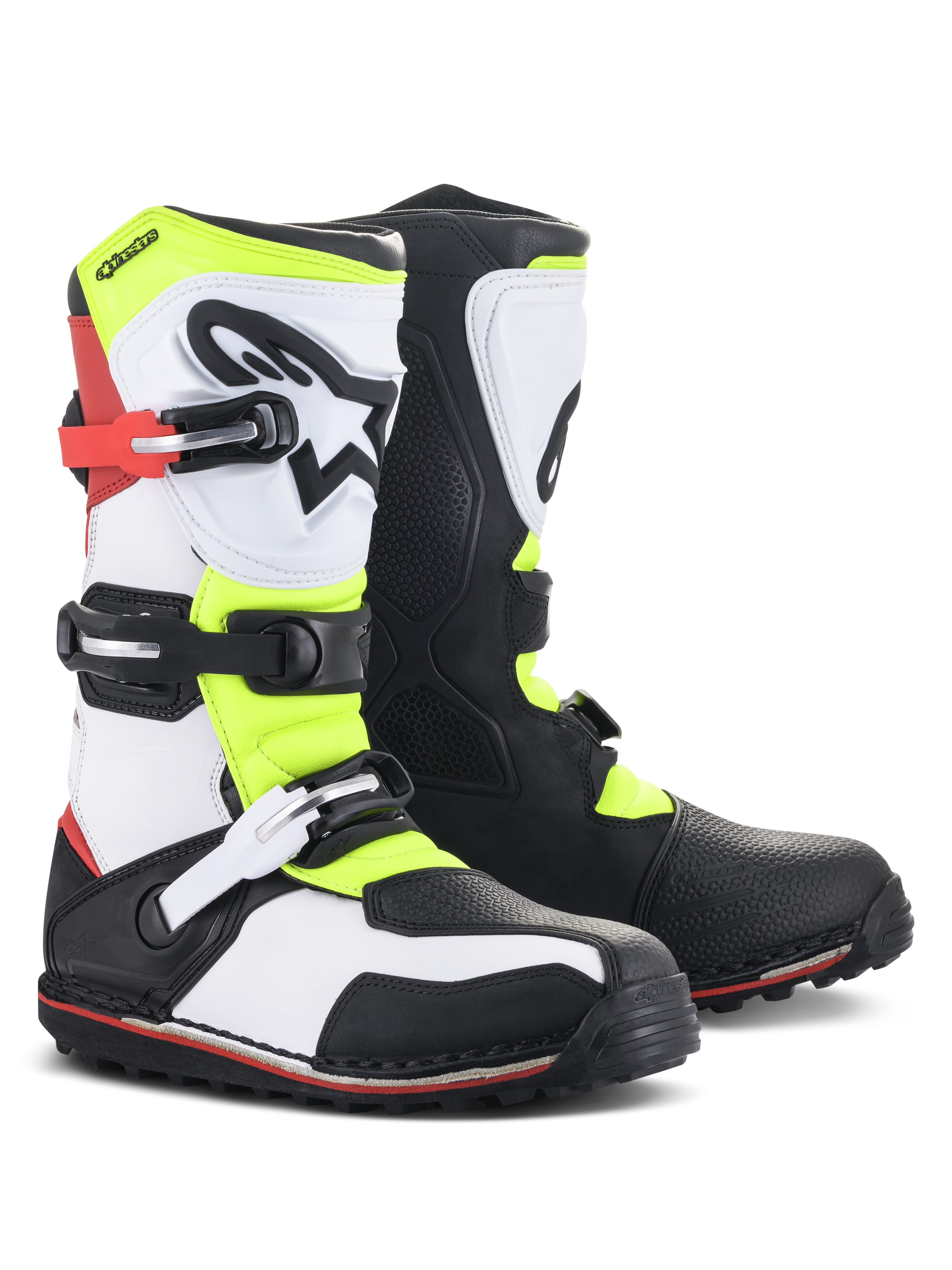 Alpinestars Tech-T Boots, Trials Motorcycle Footwear, White Red Yellow Fluo and Black, featuring an ergonomic shinplate with star logo, secure buckle closures, and specialized sole for technical off-road riding