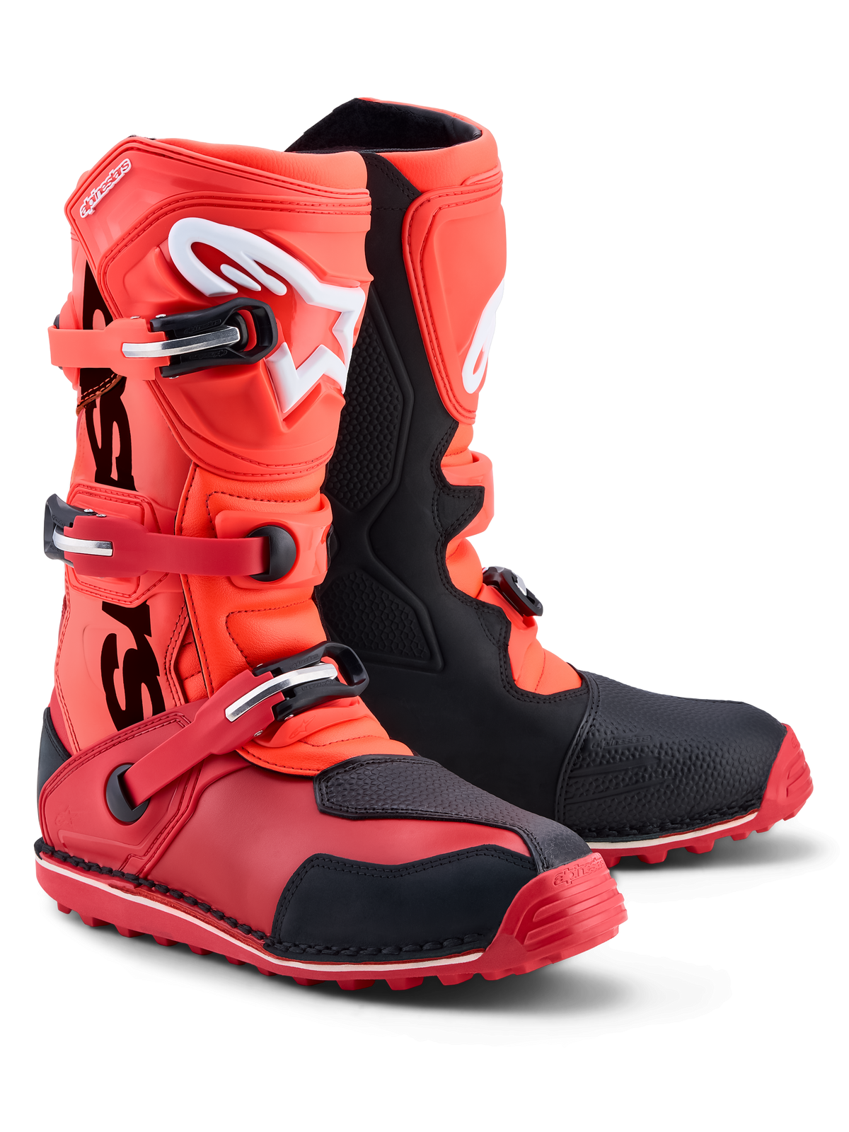 Alpinestars Botas Tech-T, botas de moto para trials em vermelho fluorescente e preto, construção em couro e microfibra com proteção de canela em TPU, certificadas CE.