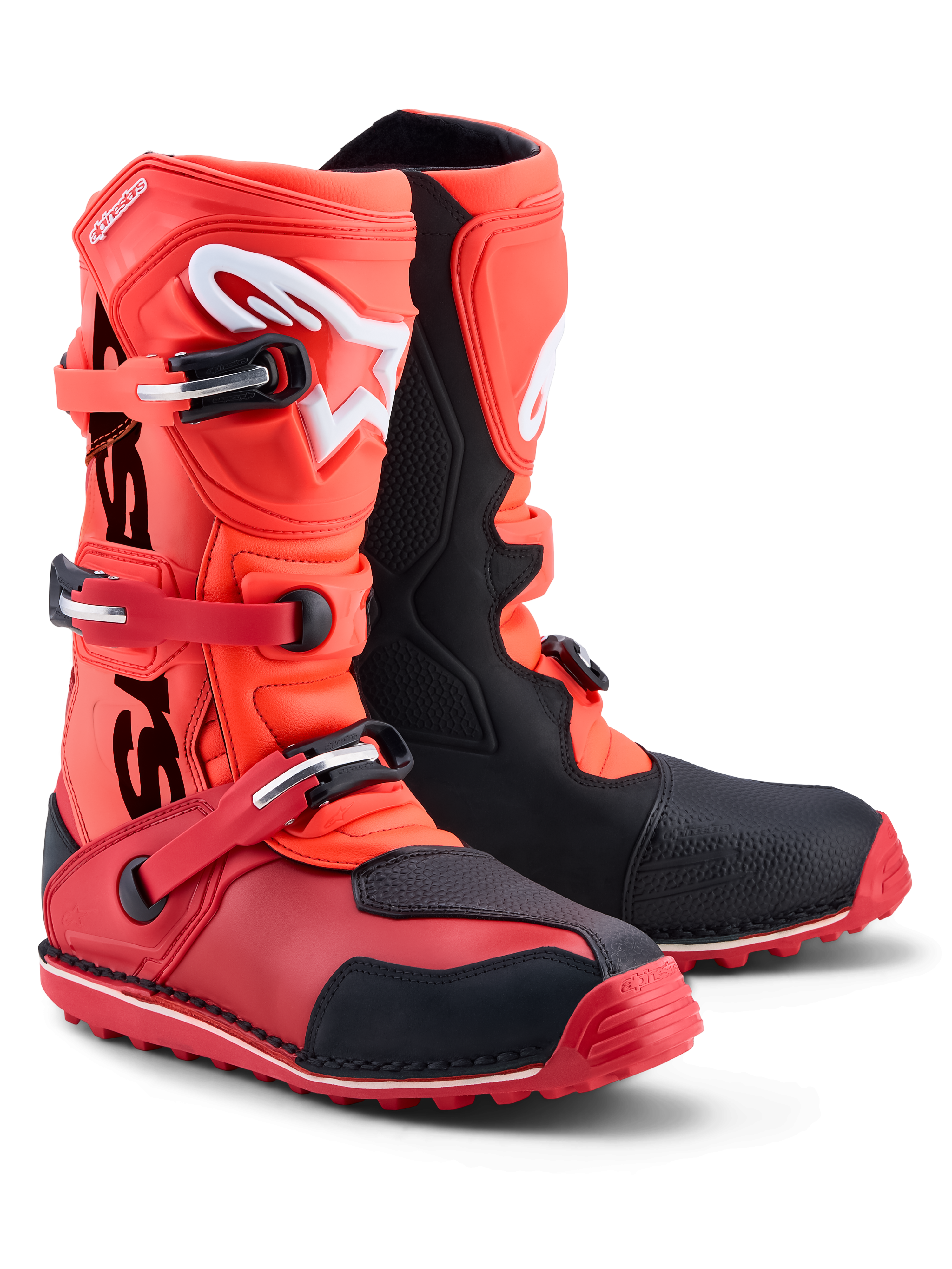 Alpinestars Botas Tech-T, botas de moto para trials em vermelho fluorescente e preto, construção em couro e microfibra com proteção de canela em TPU, certificadas CE.