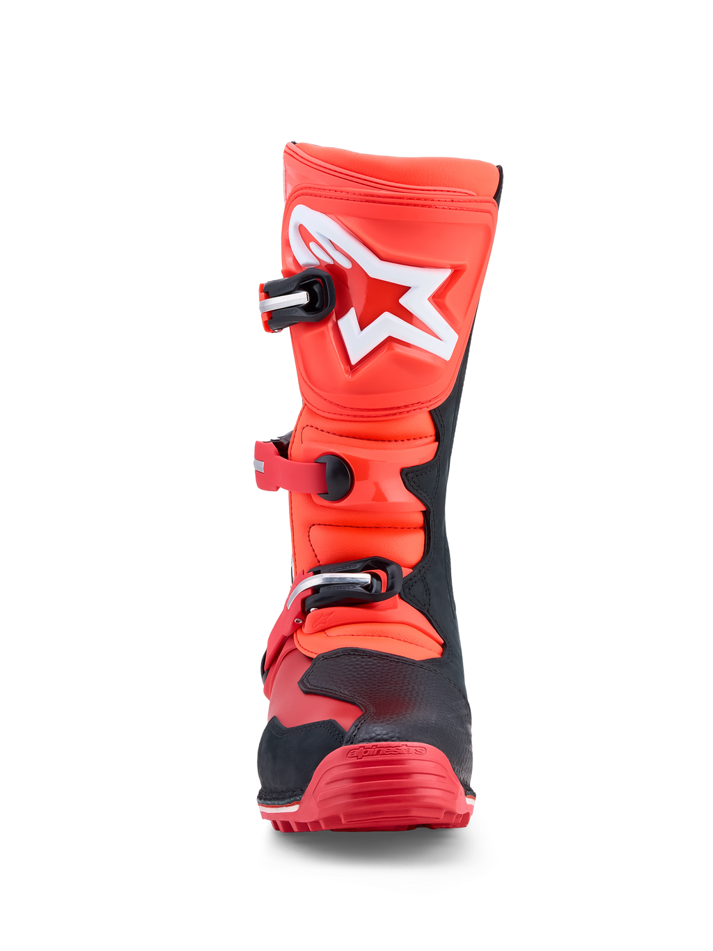 Alpinestars Tech-T, botas de trial para homem, vermelhas fluorescentes e pretas, em couro com placa de canela em TPU e certificação CE.