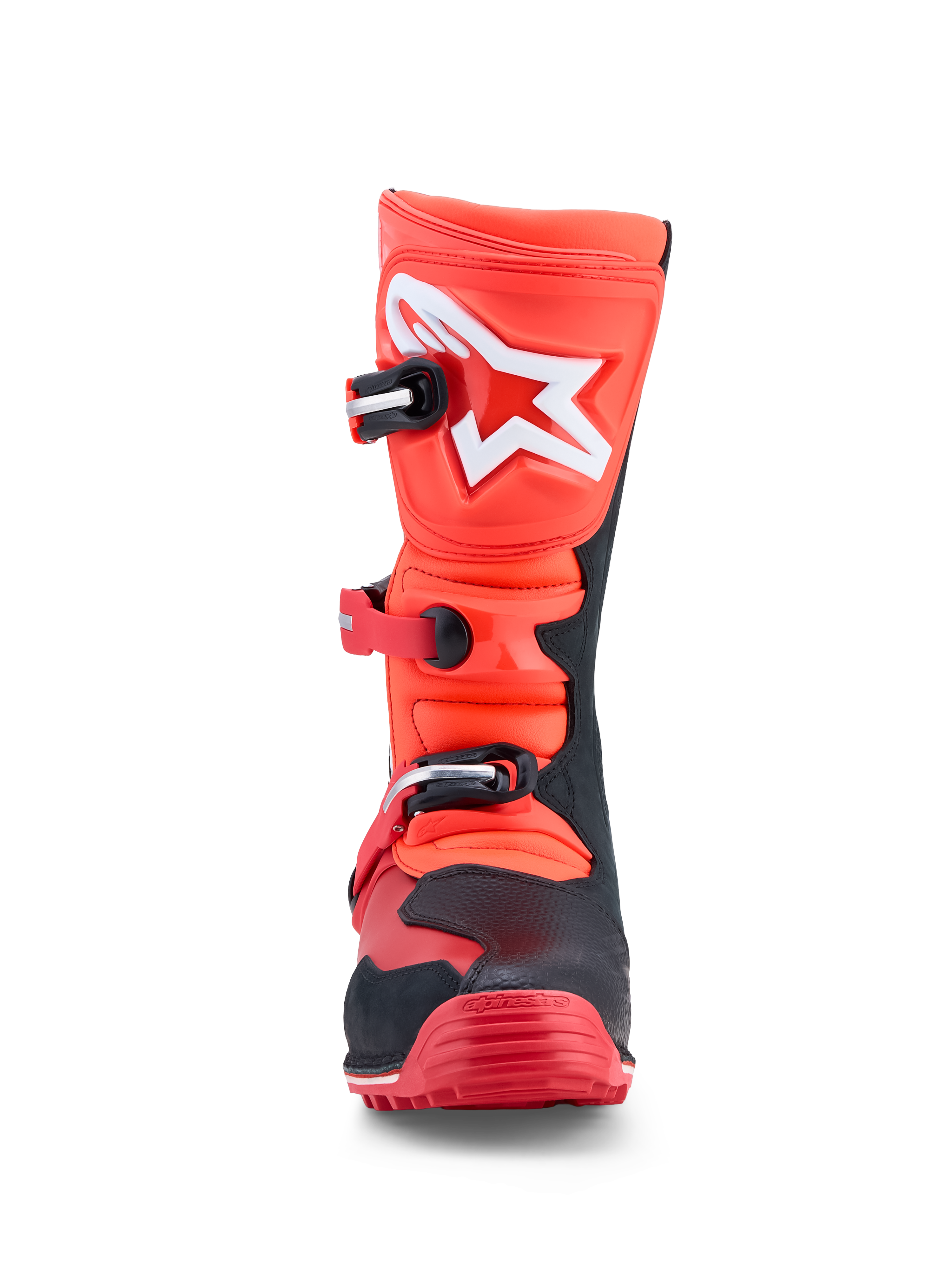 Alpinestars Tech-T, botas de trial para homem, vermelhas fluorescentes e pretas, em couro com placa de canela em TPU e certificação CE.