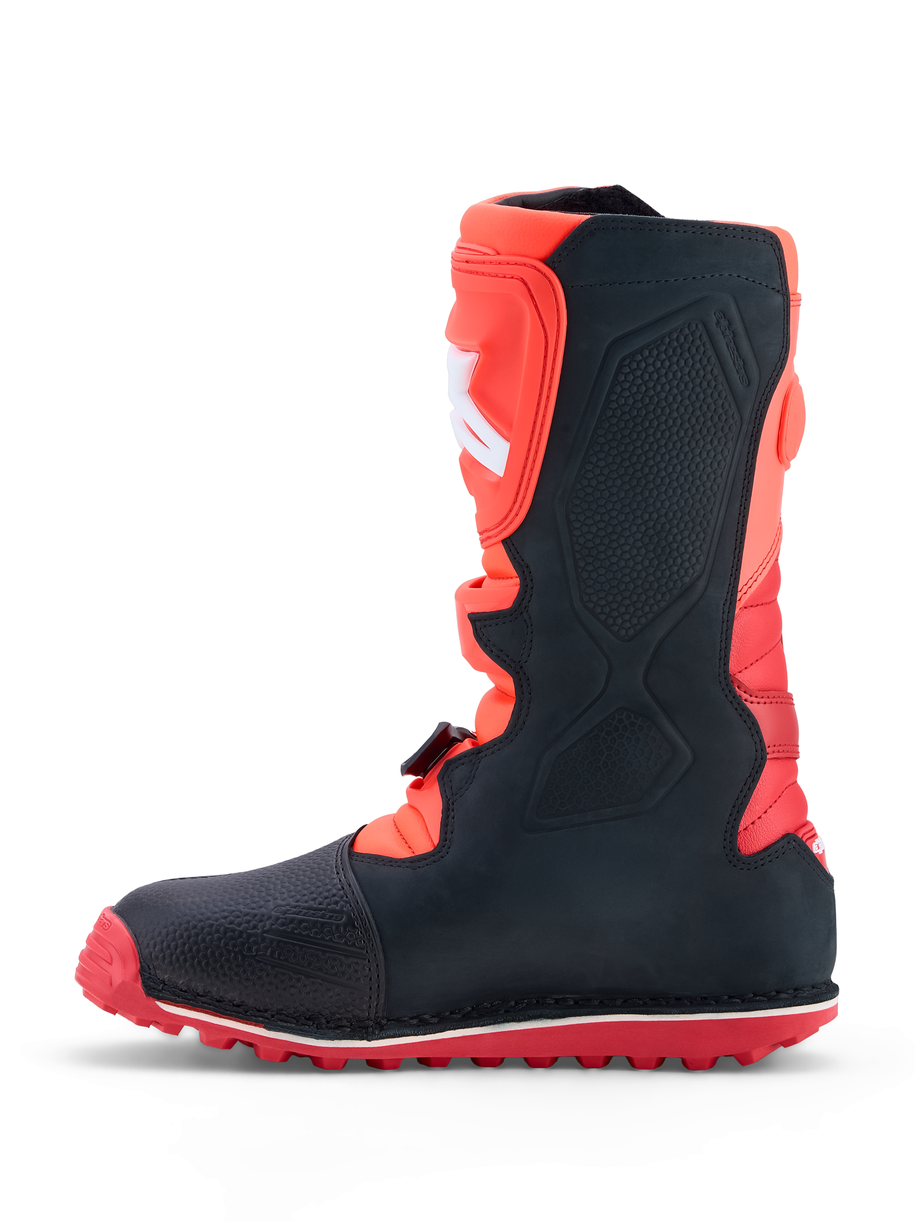 Alpinestars Tech-T, botas de moto para trials, pretas e vermelhas, em couro com sola aderente.