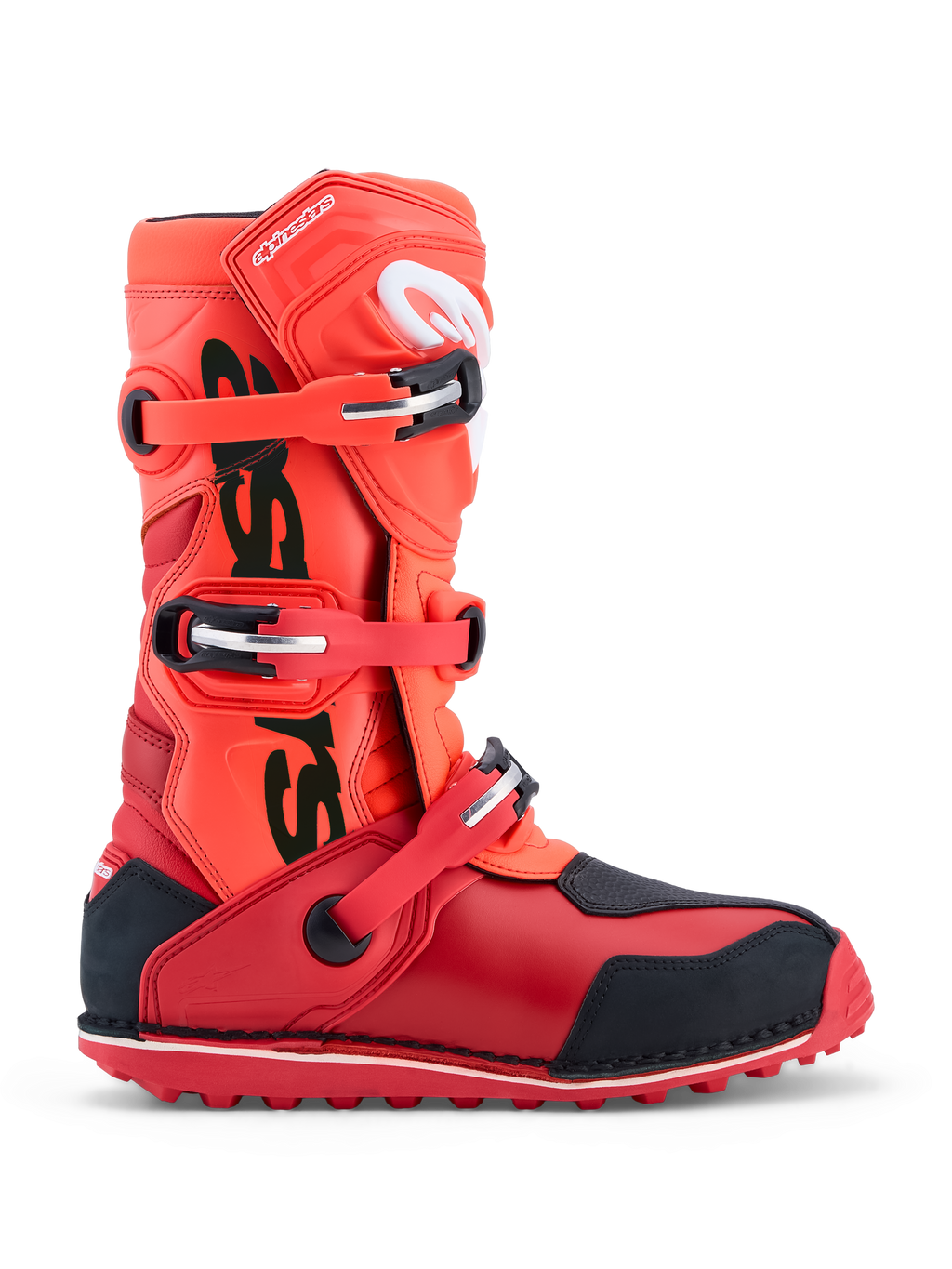 Alpinestars Tech-T, botas de moto para trials vermelhas fluorescentes e pretas, com fecho de três fivelas e proteção TPU