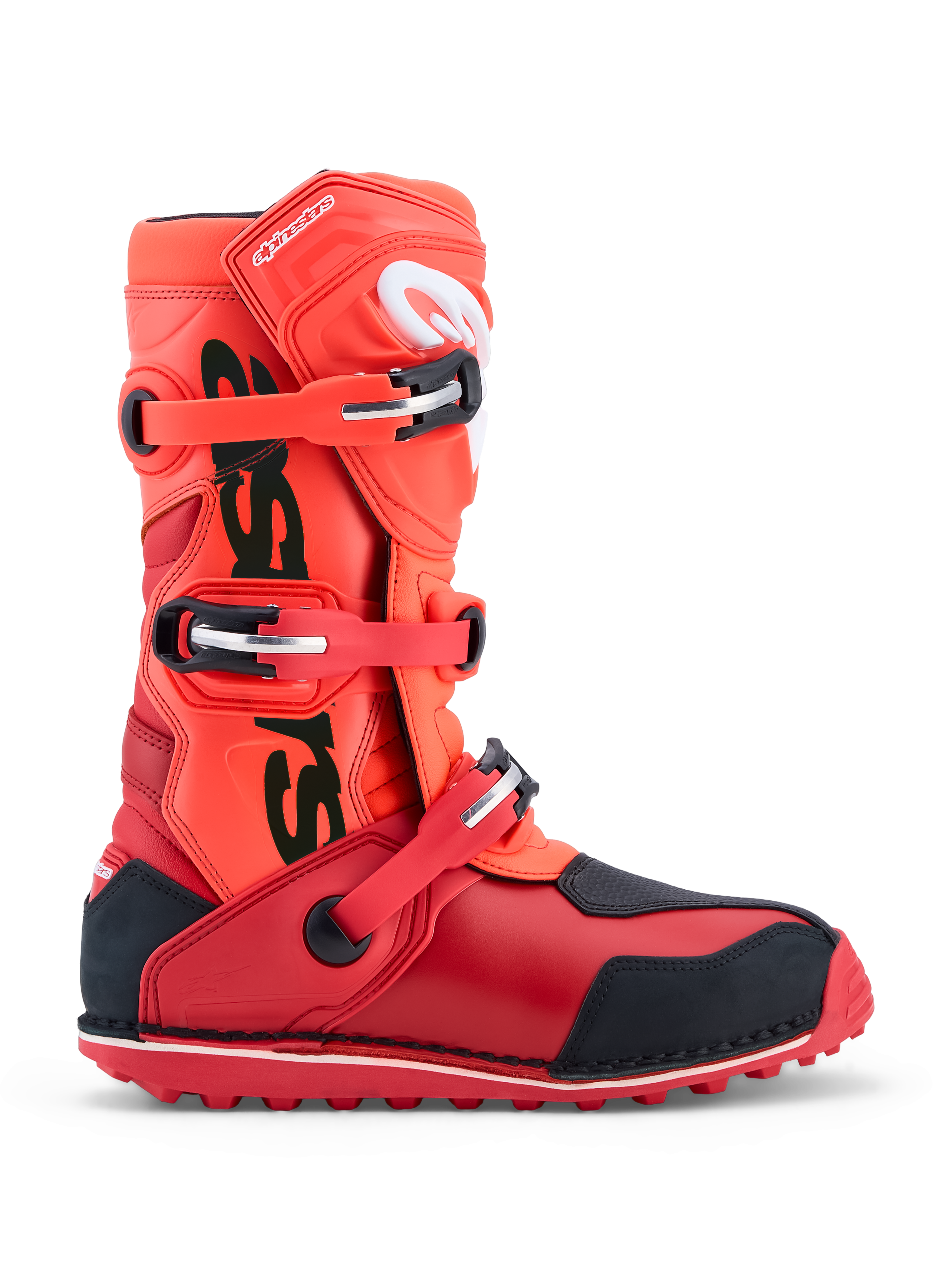 Alpinestars Tech-T, botas de moto para trials vermelhas fluorescentes e pretas, com fecho de três fivelas e proteção TPU