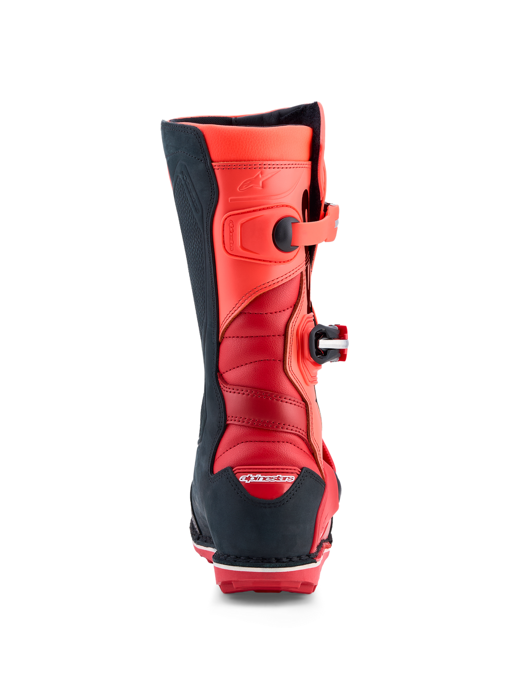 Alpinestars Tech-T, botas de moto para trials, vermelho fluo e preto, zonas de acordeão e proteção TPU, certificadas CE