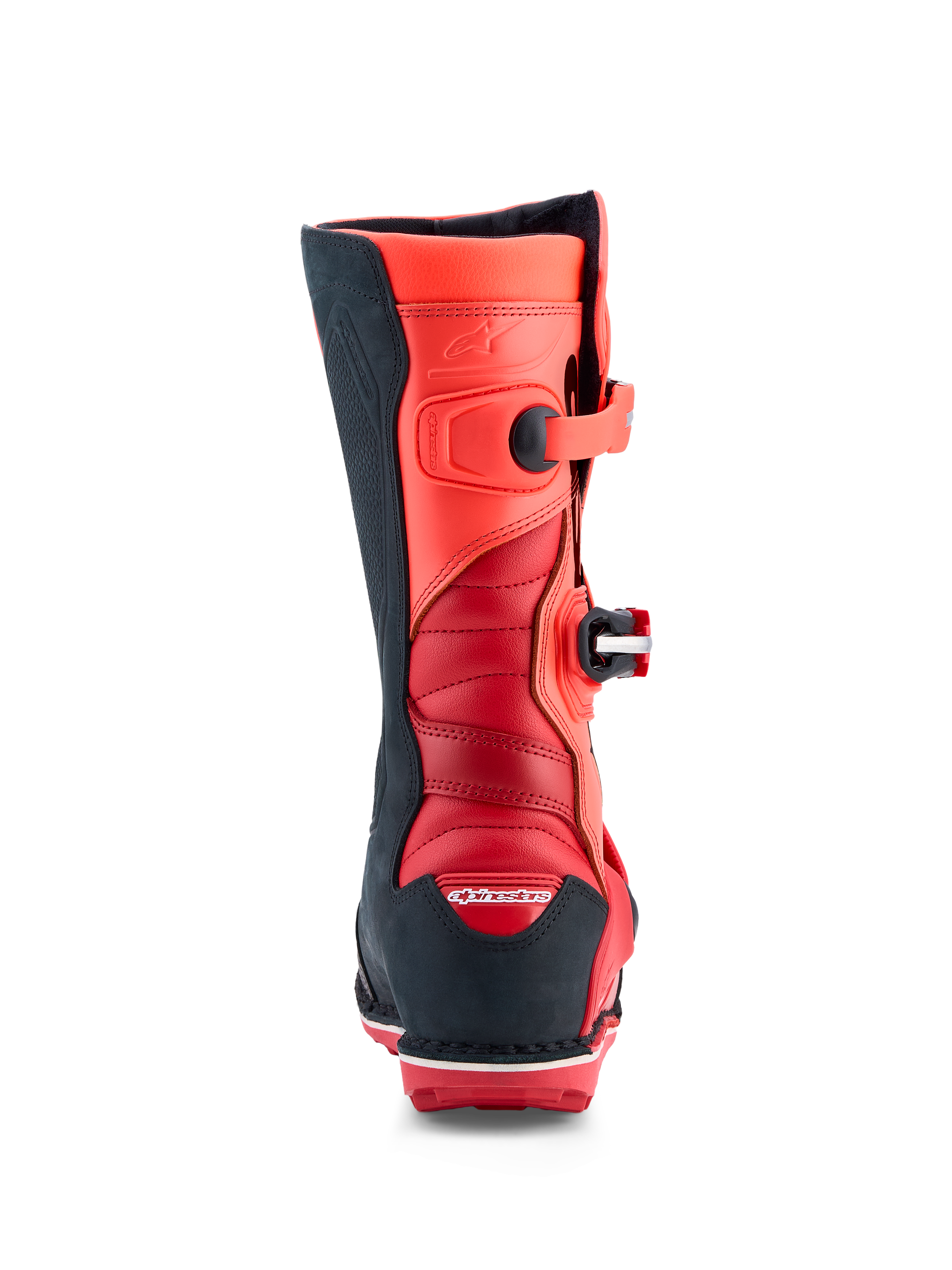 Alpinestars Tech-T, botas de moto para trials, vermelho fluo e preto, zonas de acordeão e proteção TPU, certificadas CE