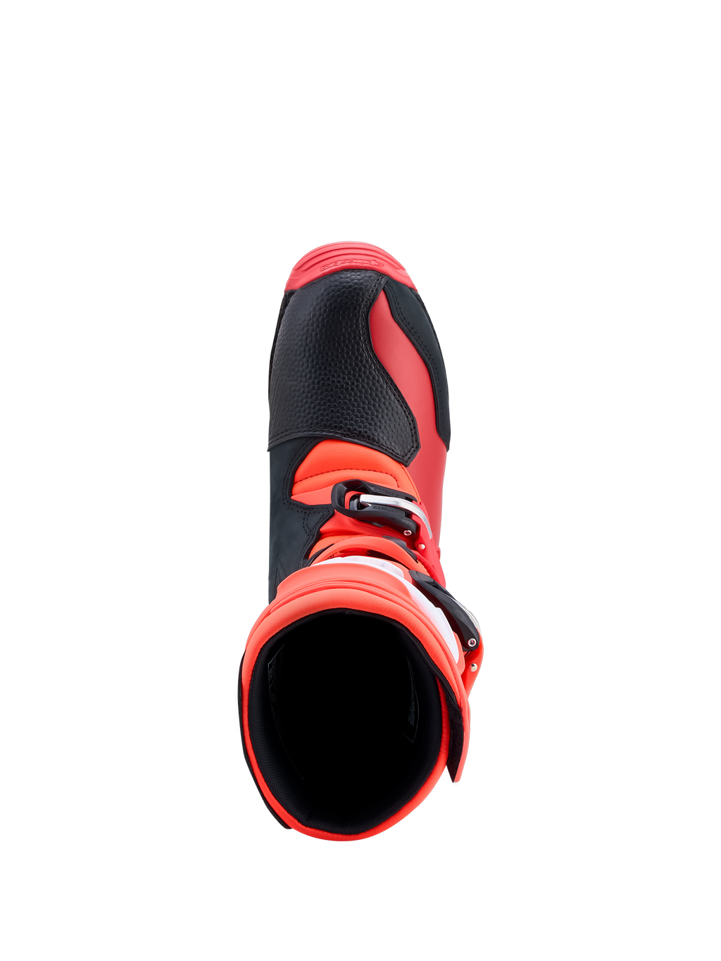 Alpinestars Tech-T, botas de trial em couro, vermelhas e pretas, vista superior