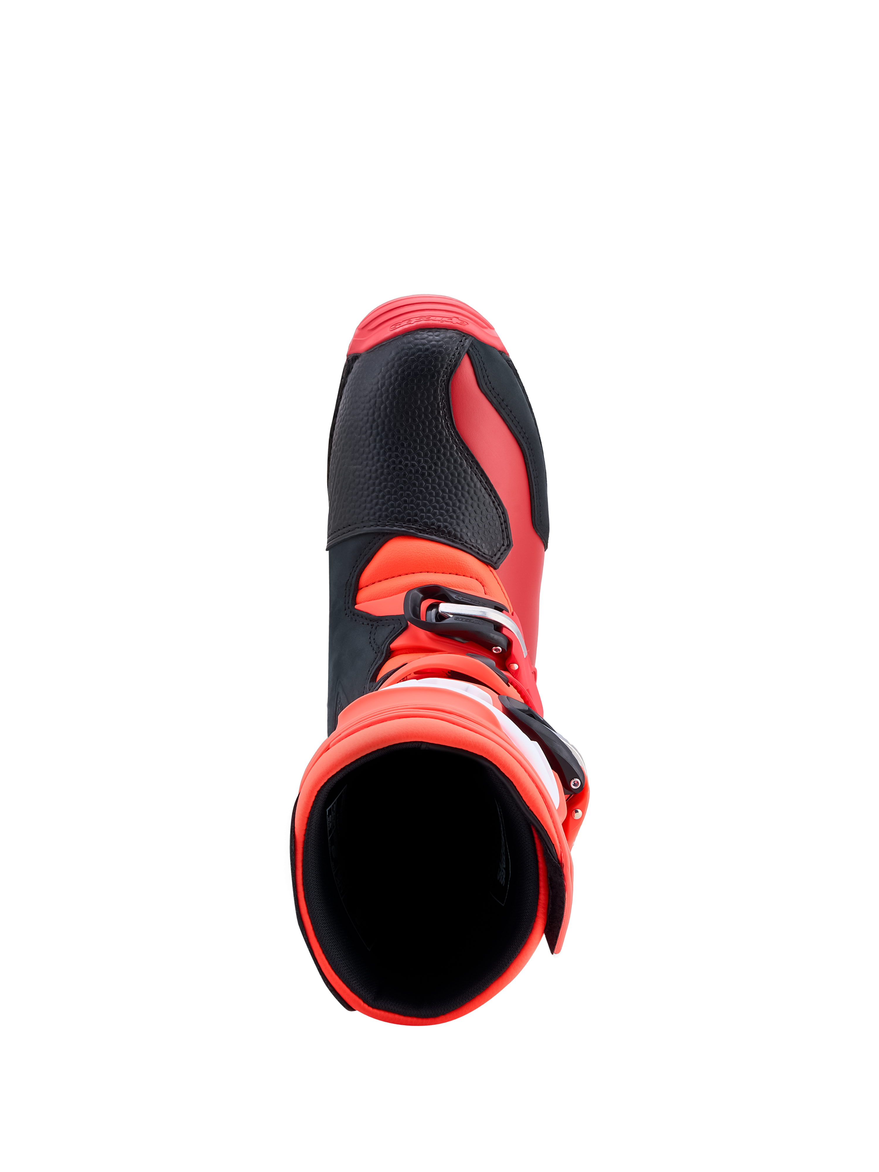 Alpinestars Tech-T, botas de trial em couro, vermelhas e pretas, vista superior