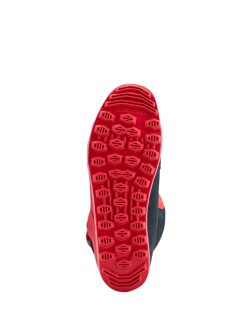 Alpinestars Tech-T, sola de bota de moto vermelha com piso técnico para tração e controlo em trials e off-road.