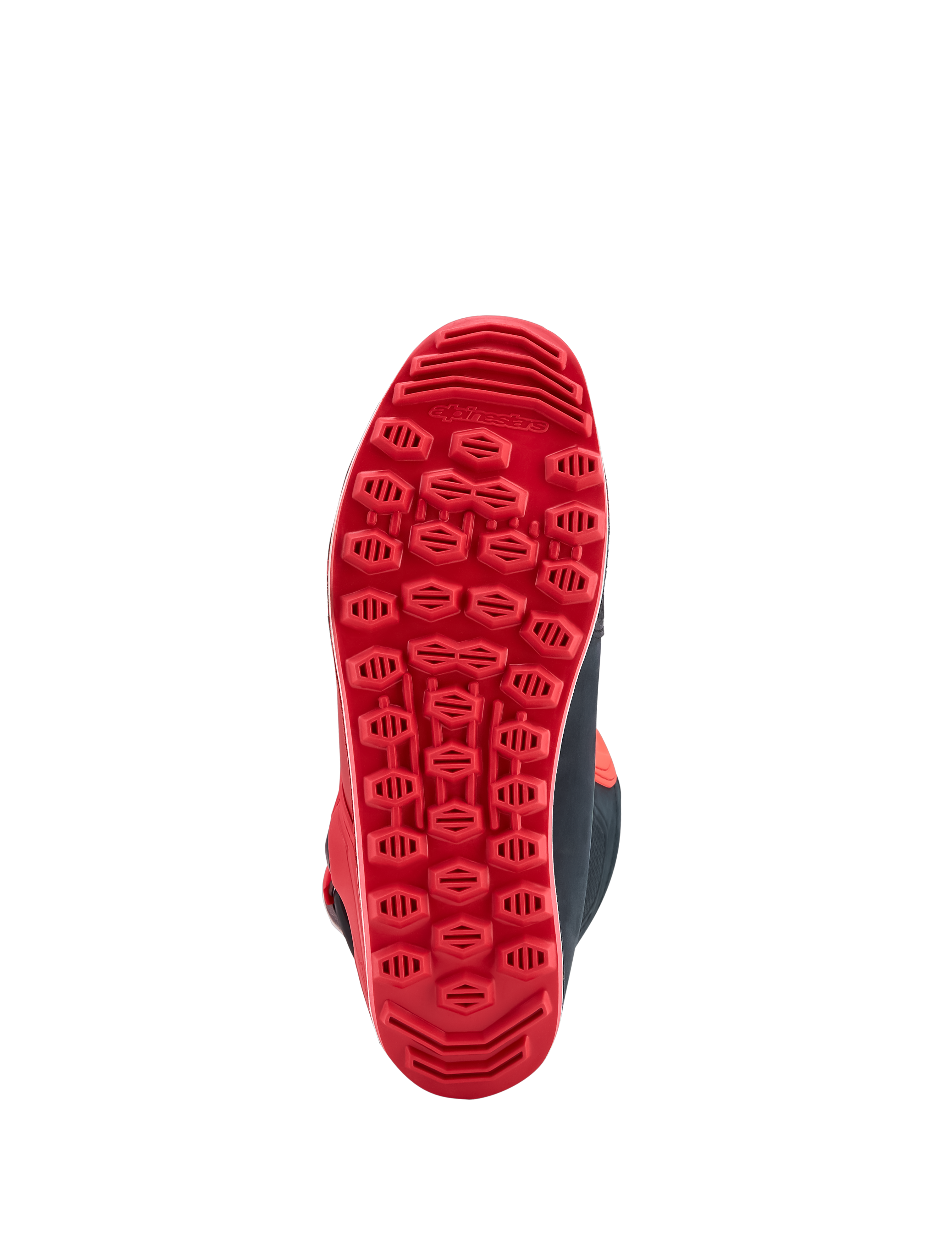 Alpinestars Tech-T, sola de bota de moto vermelha com piso técnico para tração e controlo em trials e off-road.