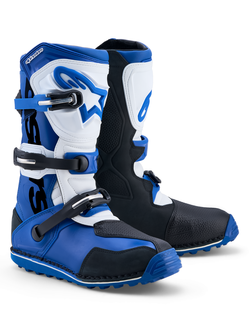 Alpinestars Tech-T, botas de moto para trial para homem, azul, preto e branco, construção em pele com proteção TPU.