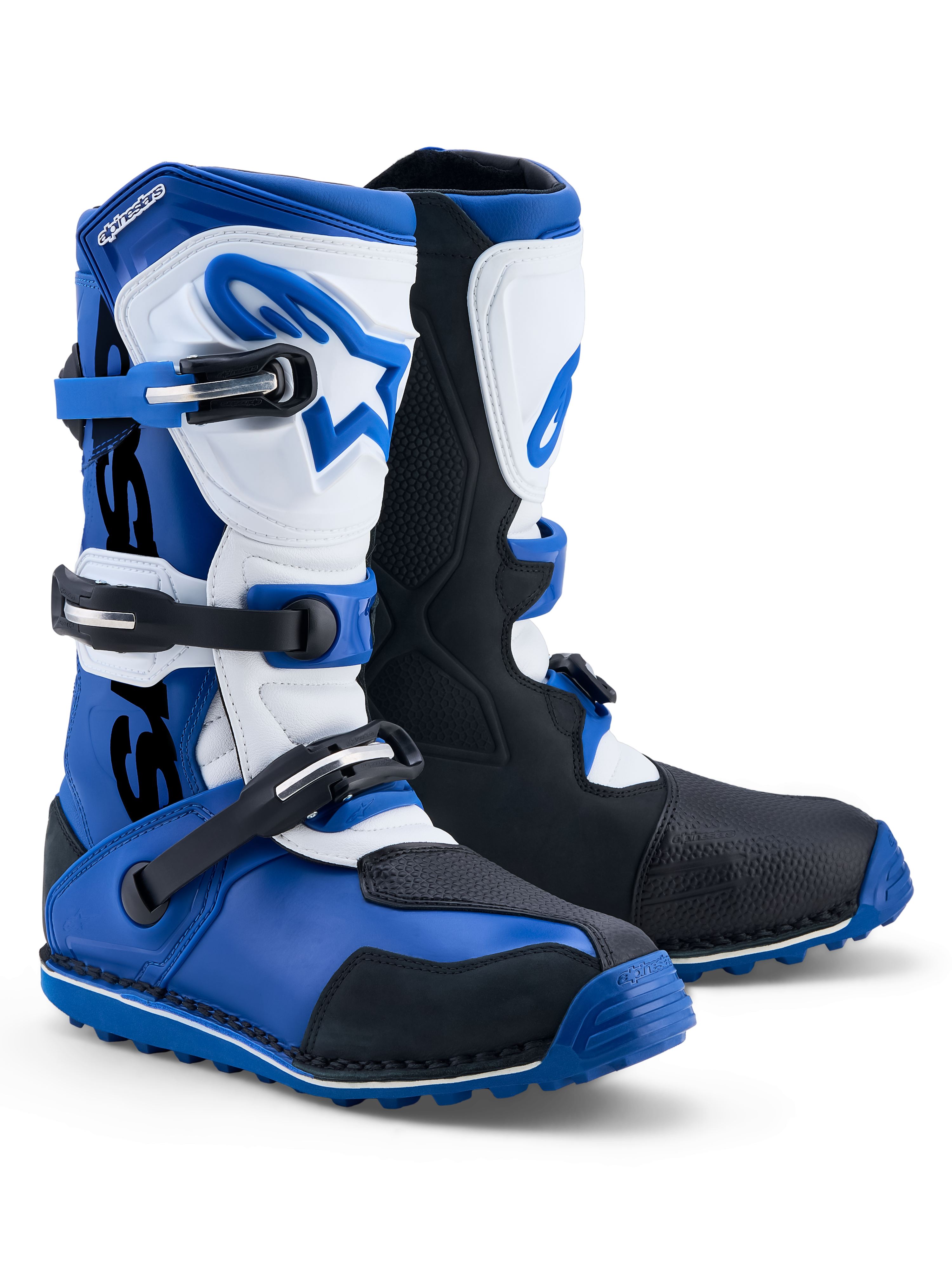Alpinestars Tech-T, botas de moto para trial para homem, azul, preto e branco, construção em pele com proteção TPU.