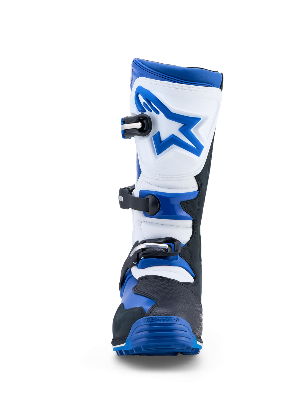 Alpinestars Tech-T, botas de moto para trial para homem, azuis e brancas, construção em couro com sistema de três fivelas e proteção de canela, certificadas CE