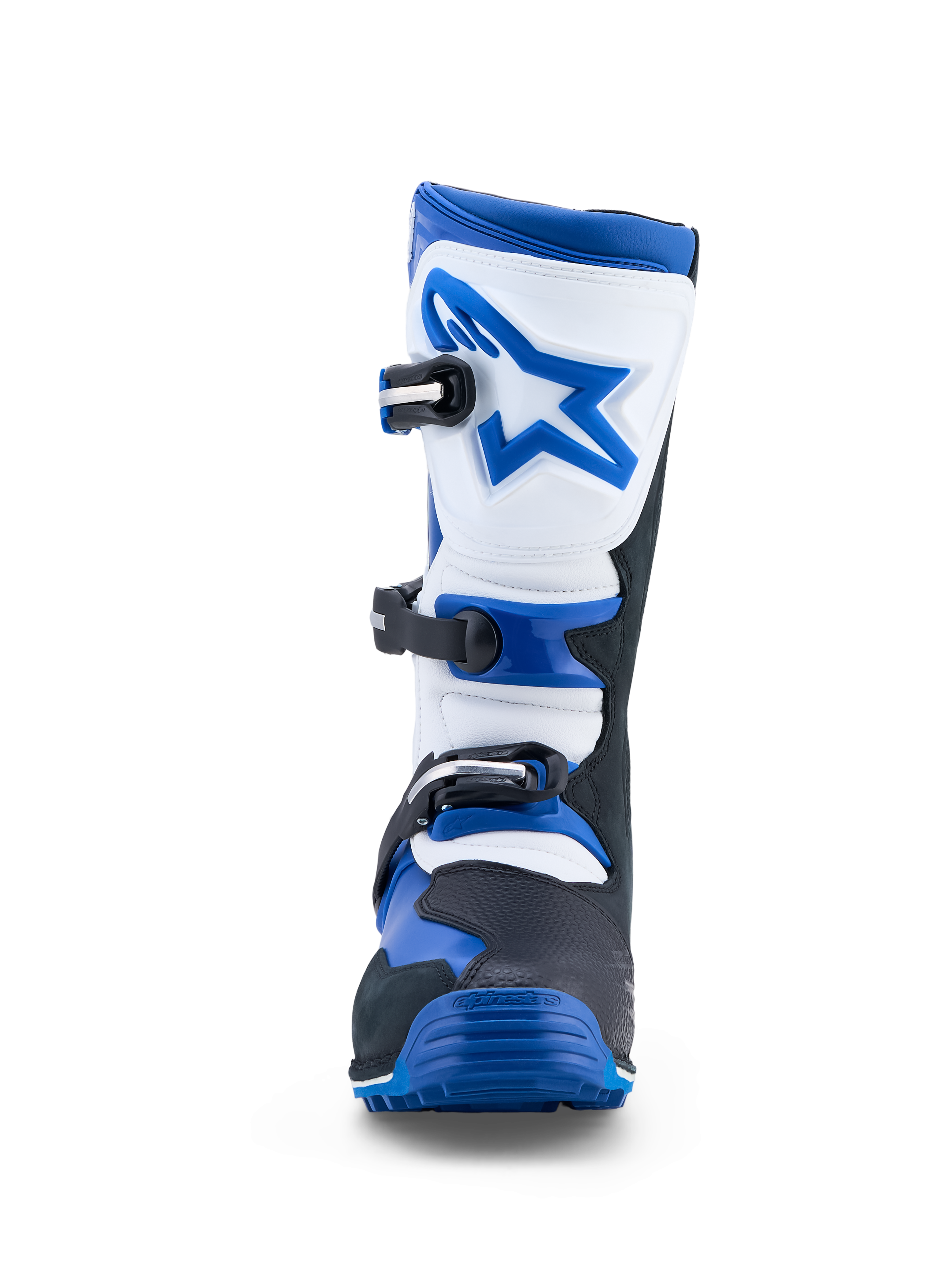 Alpinestars Tech-T, botas de moto para trial para homem, azuis e brancas, construção em couro com sistema de três fivelas e proteção de canela, certificadas CE