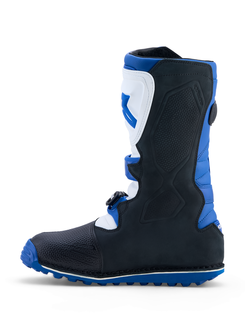Alpinestars Botas Tech-T, botas de trial para homem, azul escuro, pretas e brancas, com caneleiras TPU e sola de alta aderência.