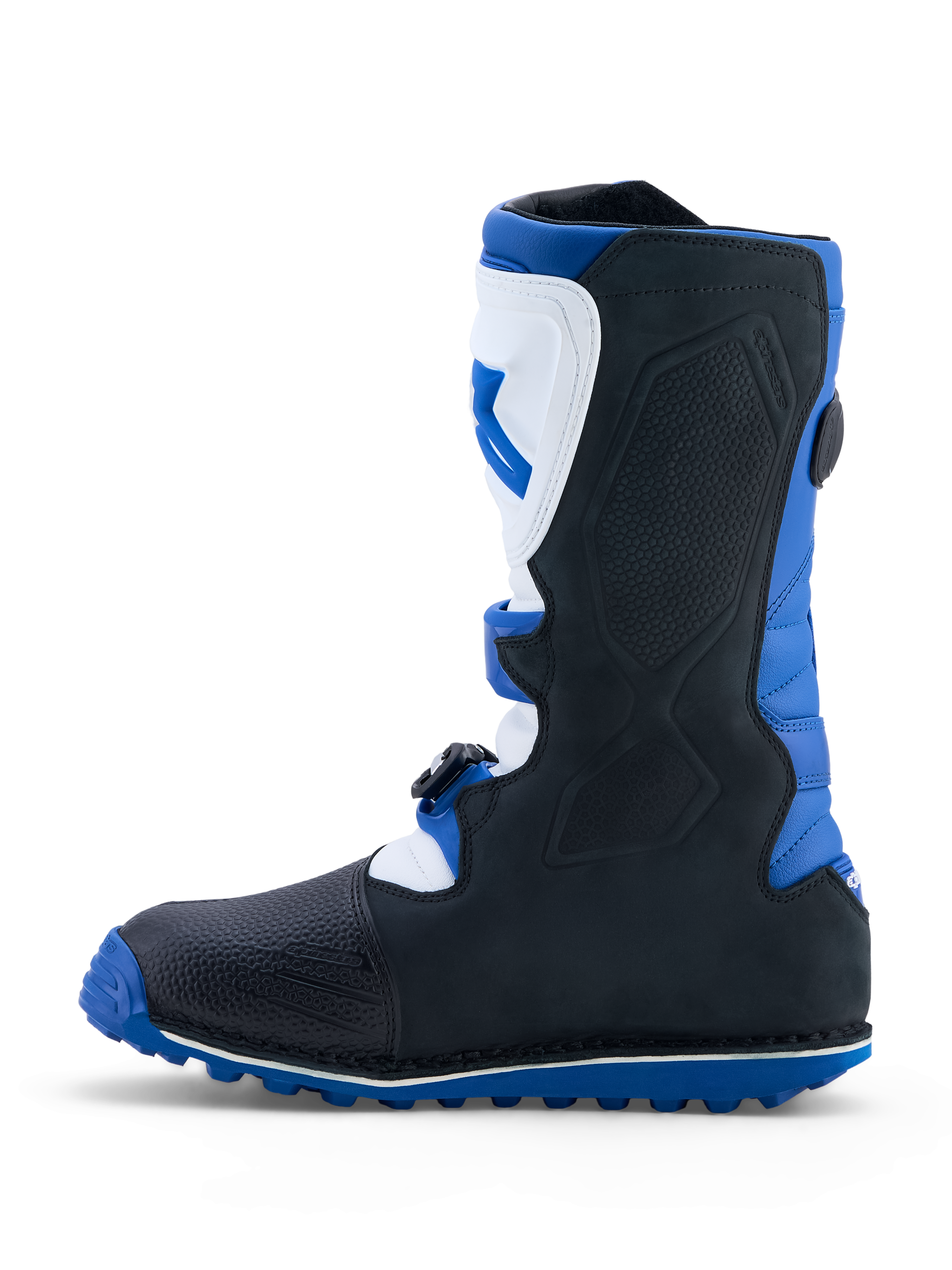 Alpinestars Botas Tech-T, botas de trial para homem, azul escuro, pretas e brancas, com caneleiras TPU e sola de alta aderência.