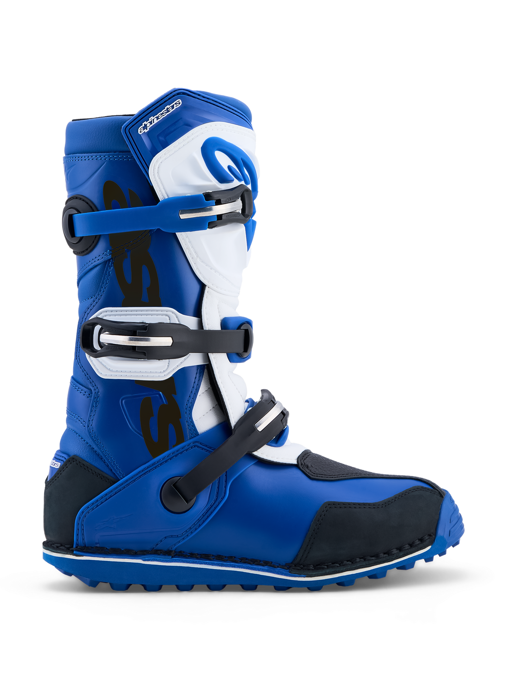 Alpinestars Botas Tech-T, botas de trial azuis e brancas, sistema de três fivelas, sola de alta aderência, certificadas CE