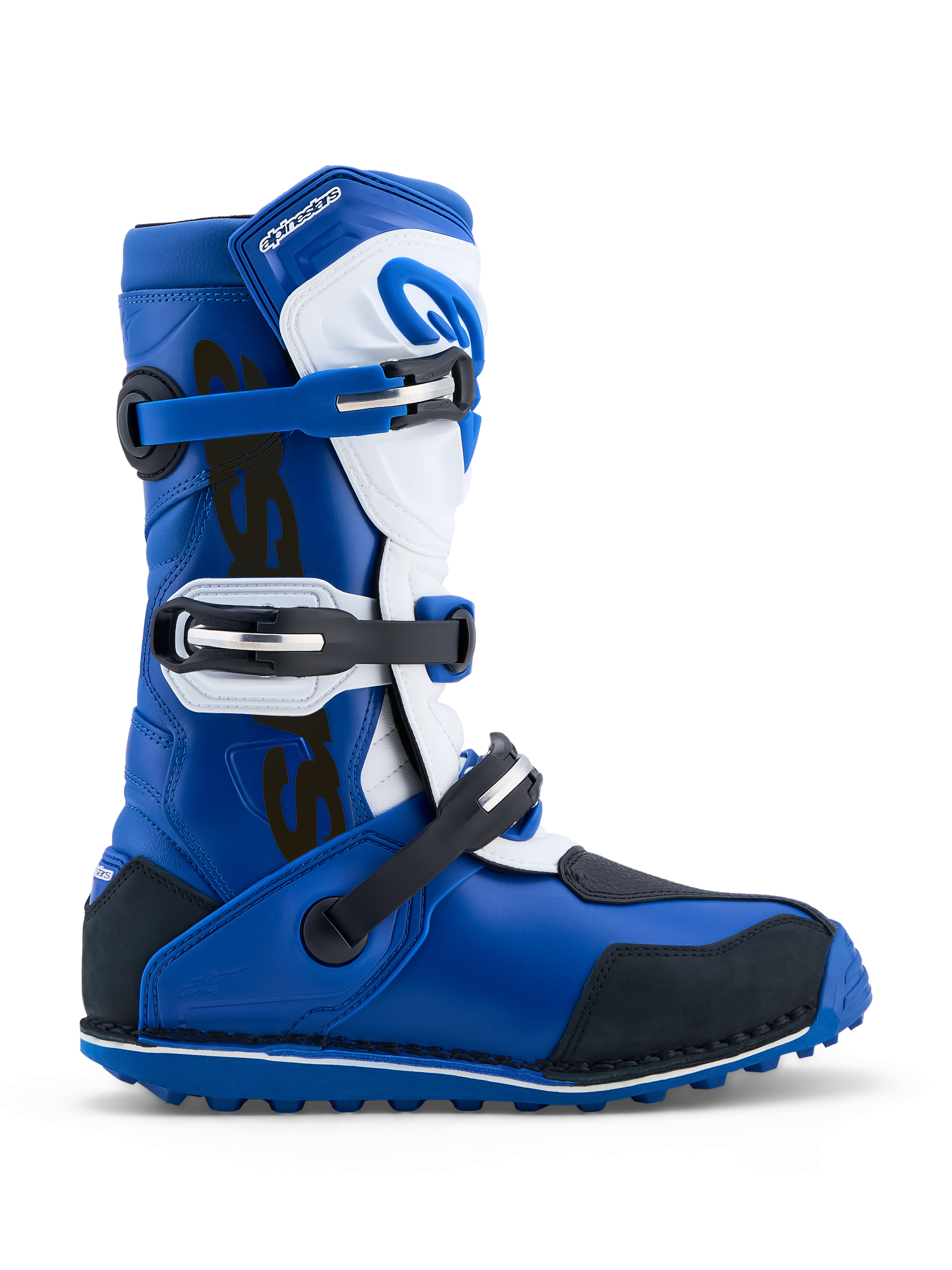 Alpinestars Botas Tech-T, botas de trial azuis e brancas, sistema de três fivelas, sola de alta aderência, certificadas CE