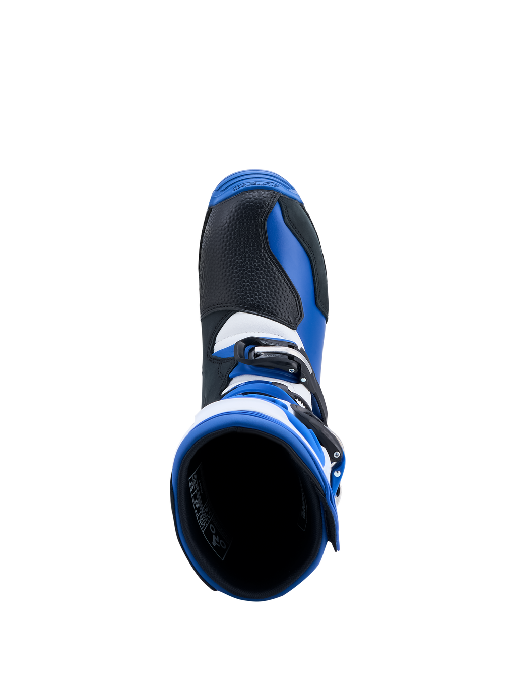 Alpinestars Botas Tech-T, botas de moto para trial azuis e pretas, vista superior detalhando abertura e construção em couro.