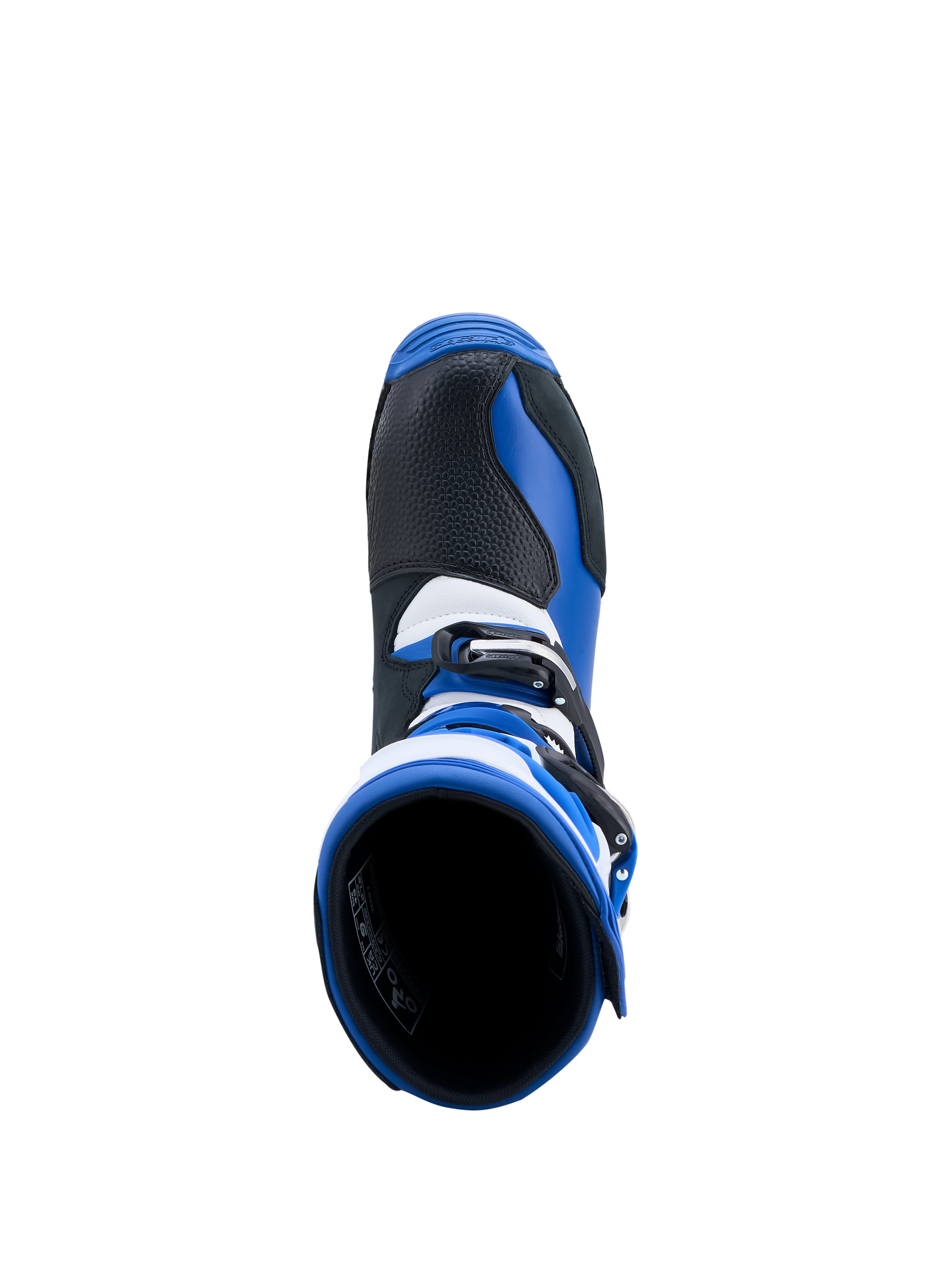 Alpinestars Botas Tech-T, botas de moto para trial azuis e pretas, vista superior detalhando abertura e construção em couro.