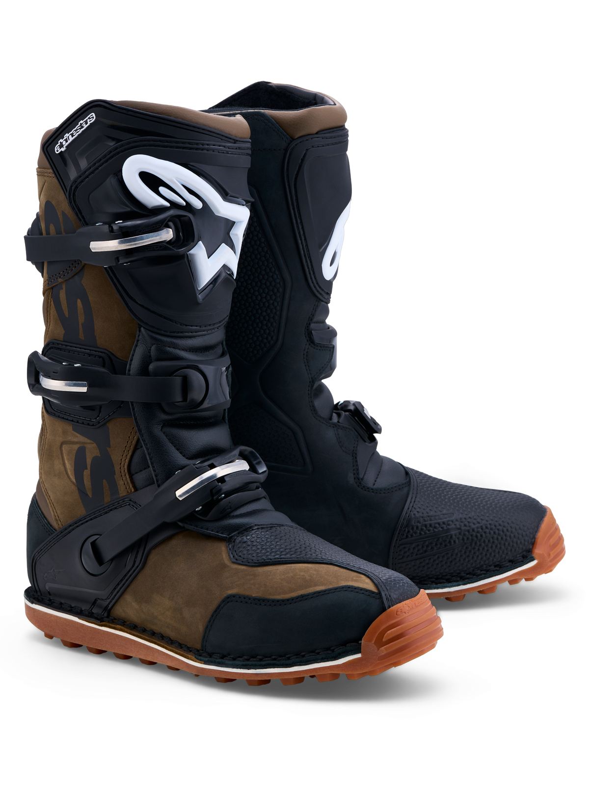 Alpinestars Tech-T, botas de trial para homem em couro castanho e preto com caneleiras em TPU ergonómicas e sola aderente.