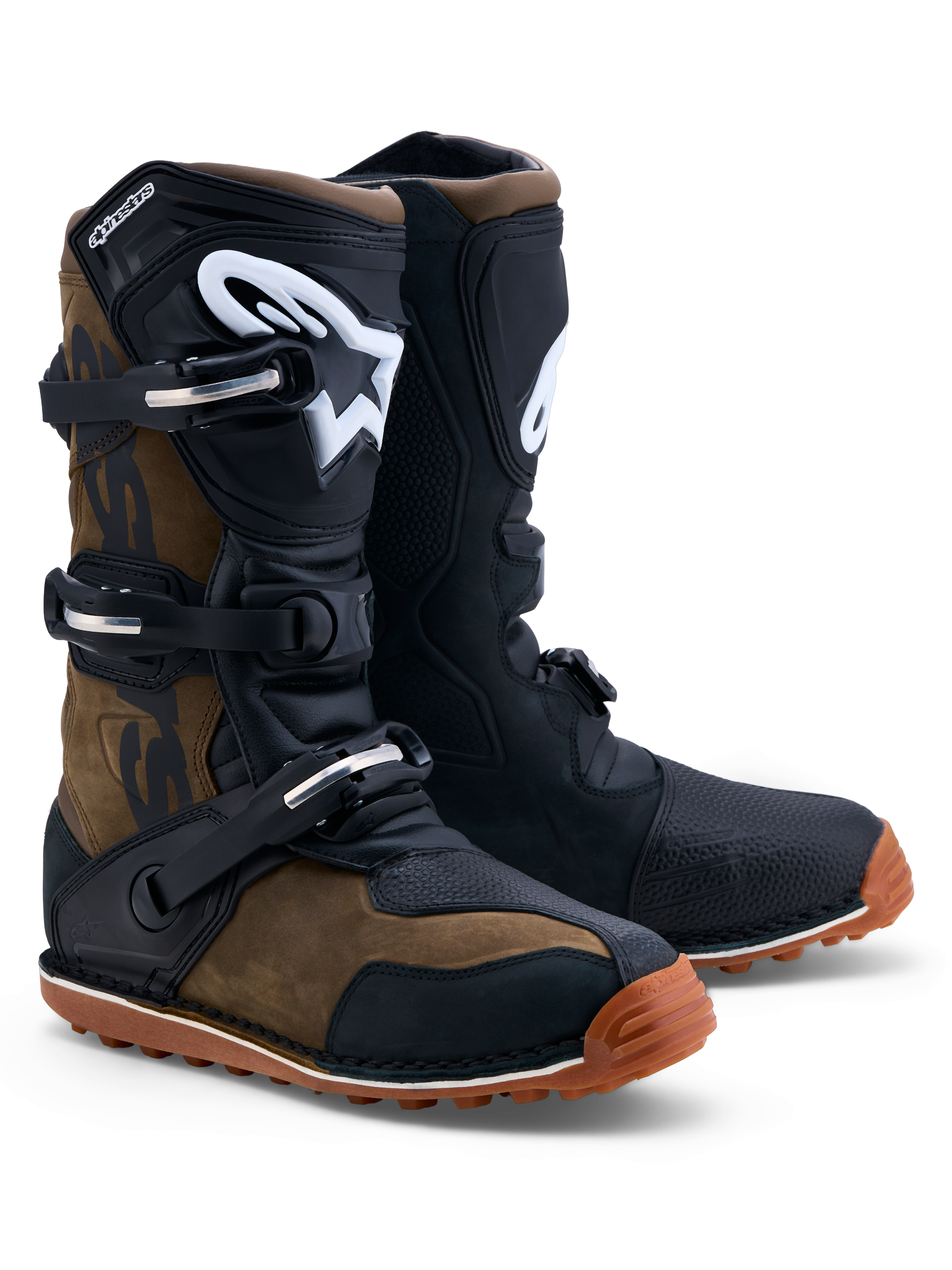 Alpinestars Tech-T, botas de trial para homem em couro castanho e preto com caneleiras em TPU ergonómicas e sola aderente.