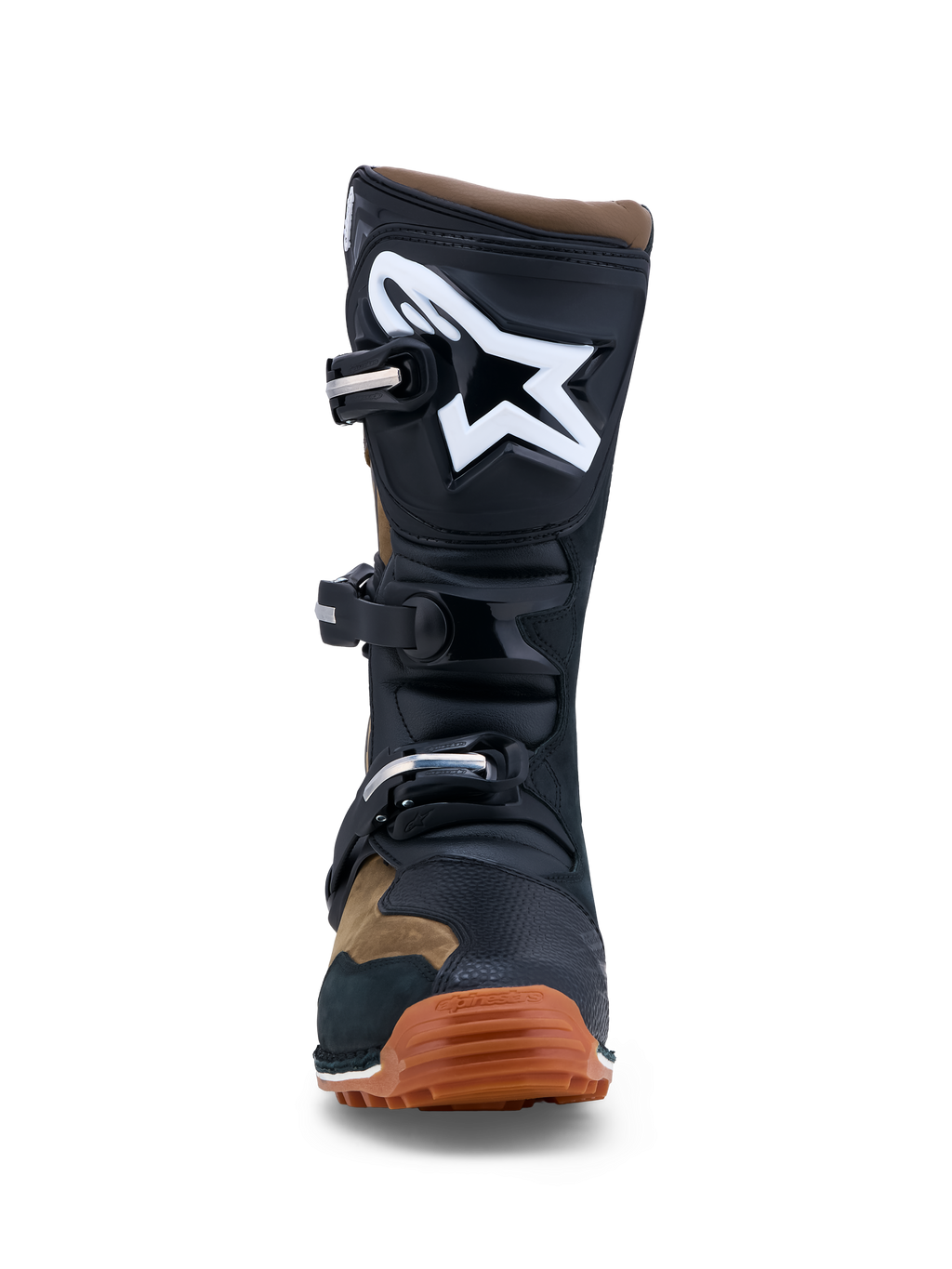 Alpinestars Tech-T, botas de moto para trials, masculino, castanhas e pretas, construção em couro com sola de borracha gomada, placa de canela em TPU e logótipo branco