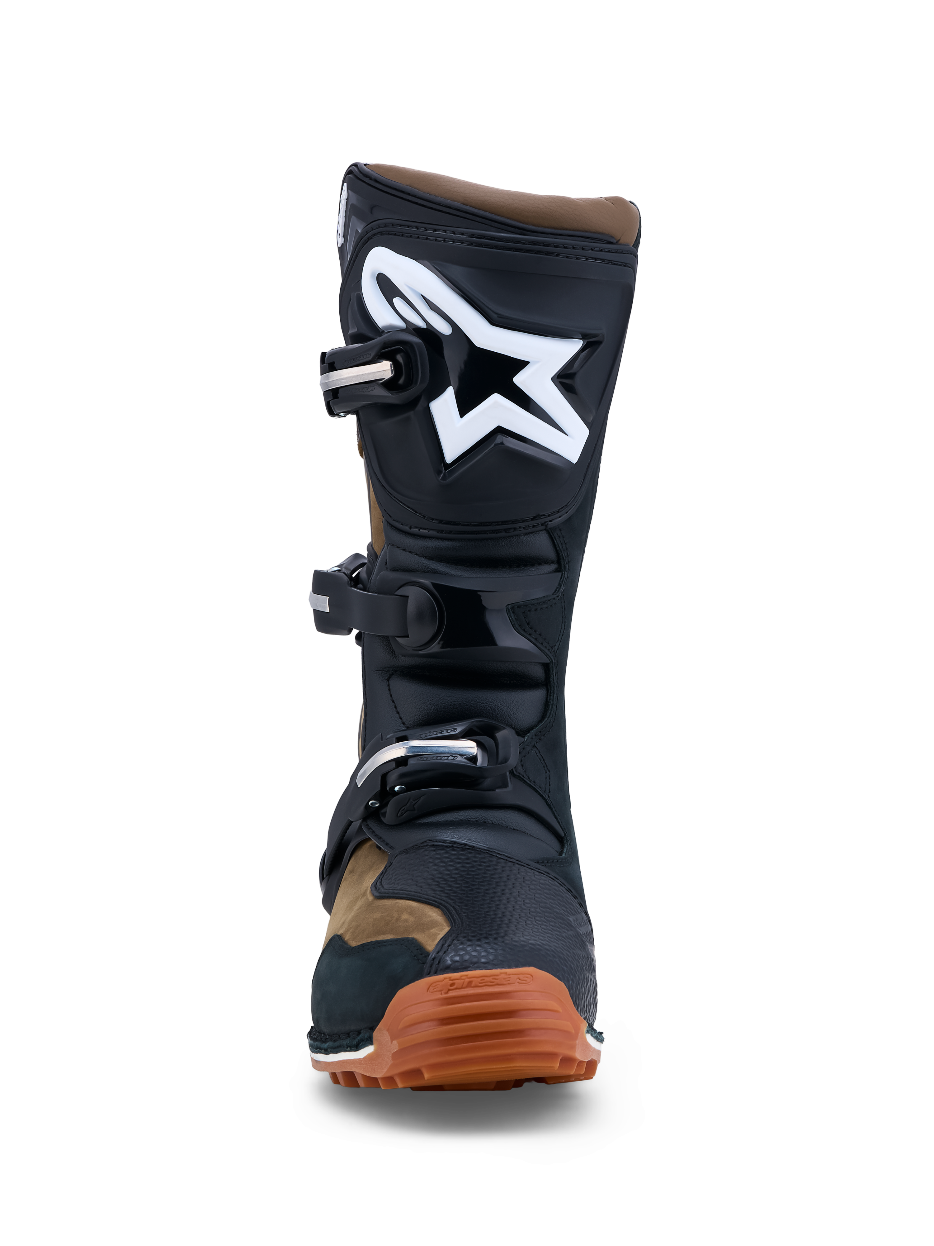 Alpinestars Tech-T, botas de moto para trials, masculino, castanhas e pretas, construção em couro com sola de borracha gomada, placa de canela em TPU e logótipo branco