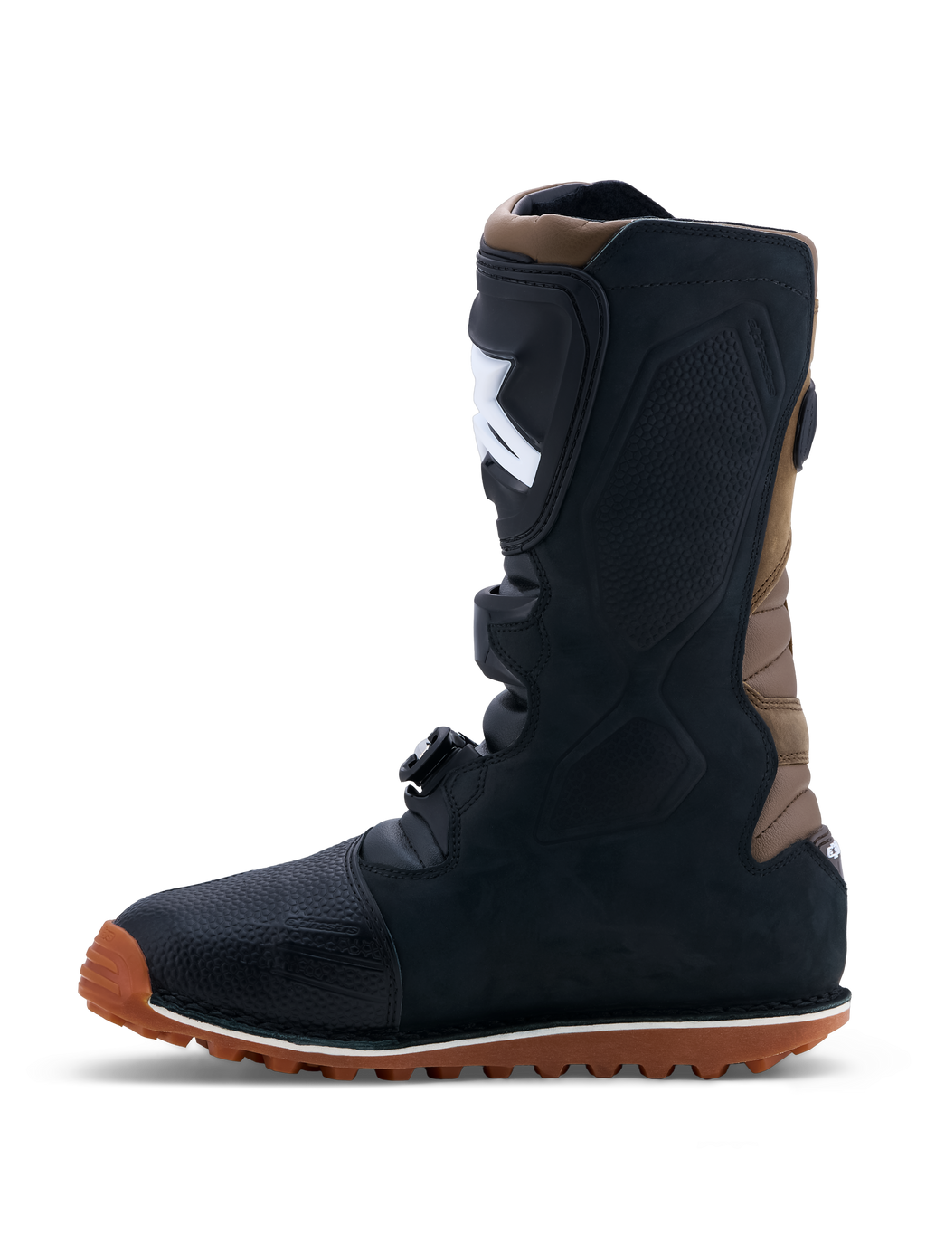 Alpinestars Botas Tech-T, botas de trial para homem, pretas e castanhas, em couro com sola de borracha aderente