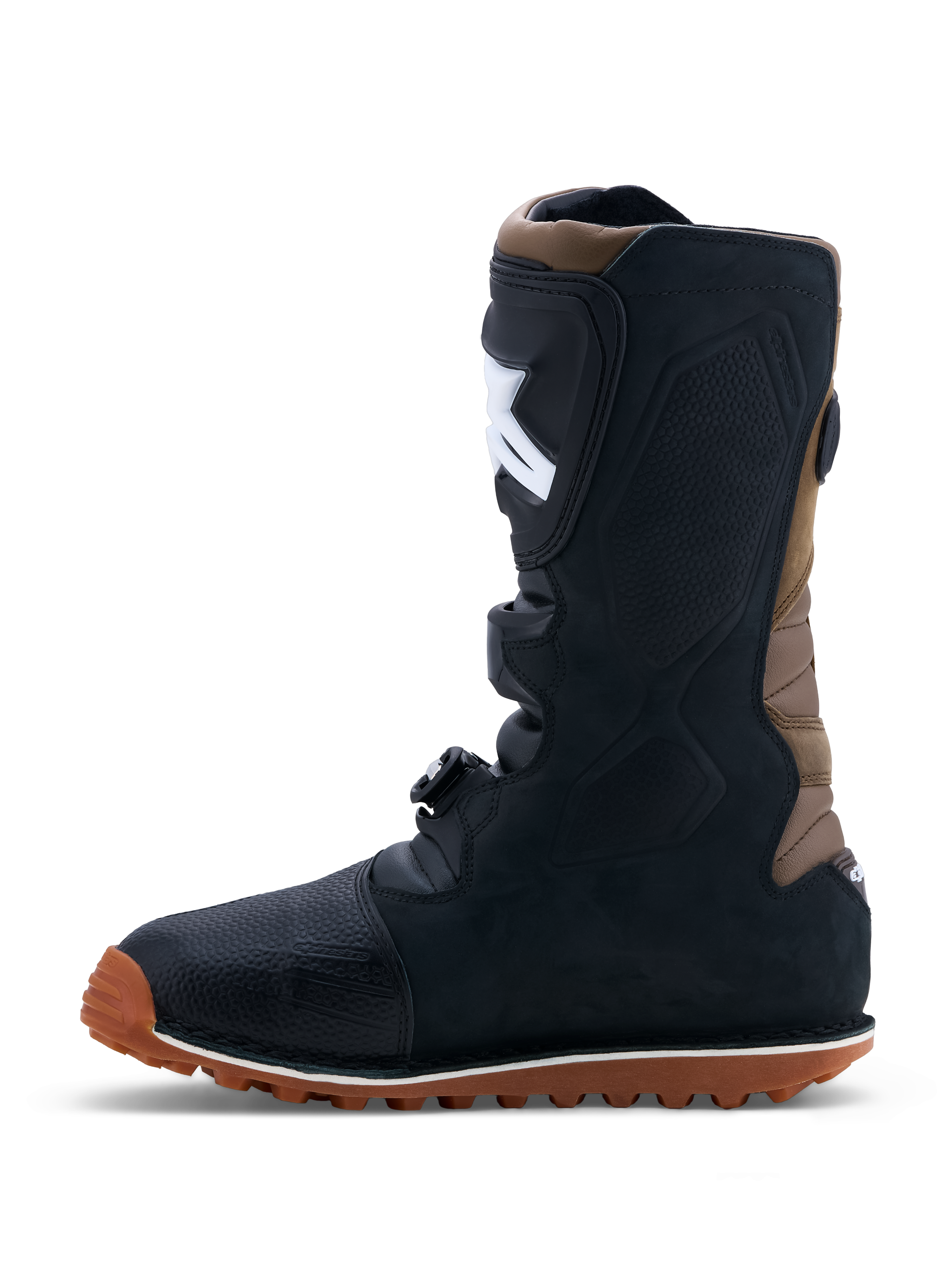 Alpinestars Botas Tech-T, botas de trial para homem, pretas e castanhas, em couro com sola de borracha aderente
