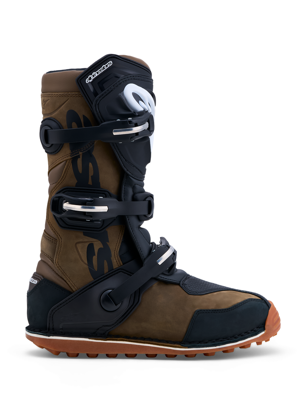 Alpinestars Botas Tech-T, botas de moto para trial, castanhas e pretas, em couro com três fivelas e sola de borracha.