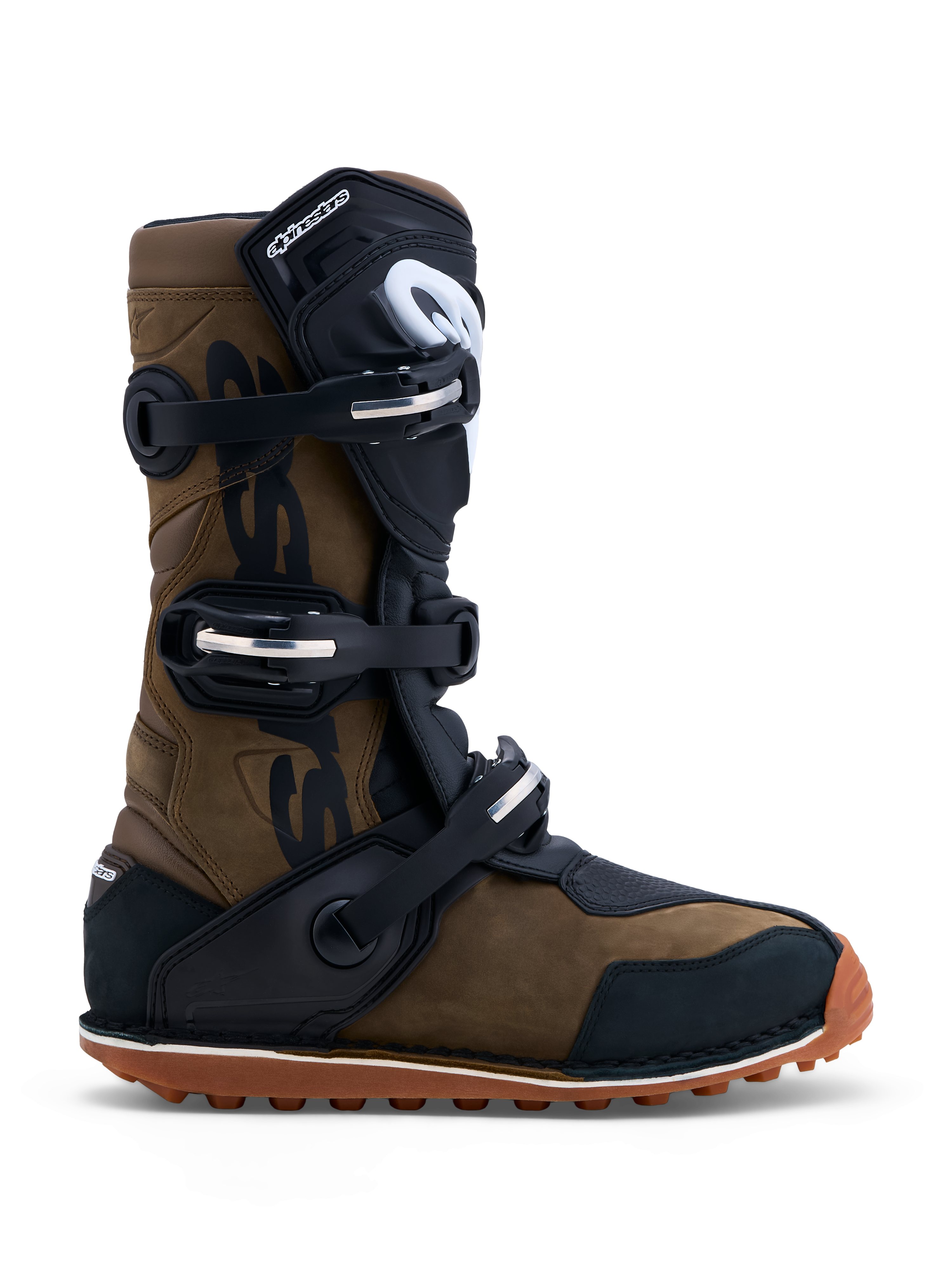 Alpinestars Botas Tech-T, botas de moto para trial, castanhas e pretas, em couro com três fivelas e sola de borracha.