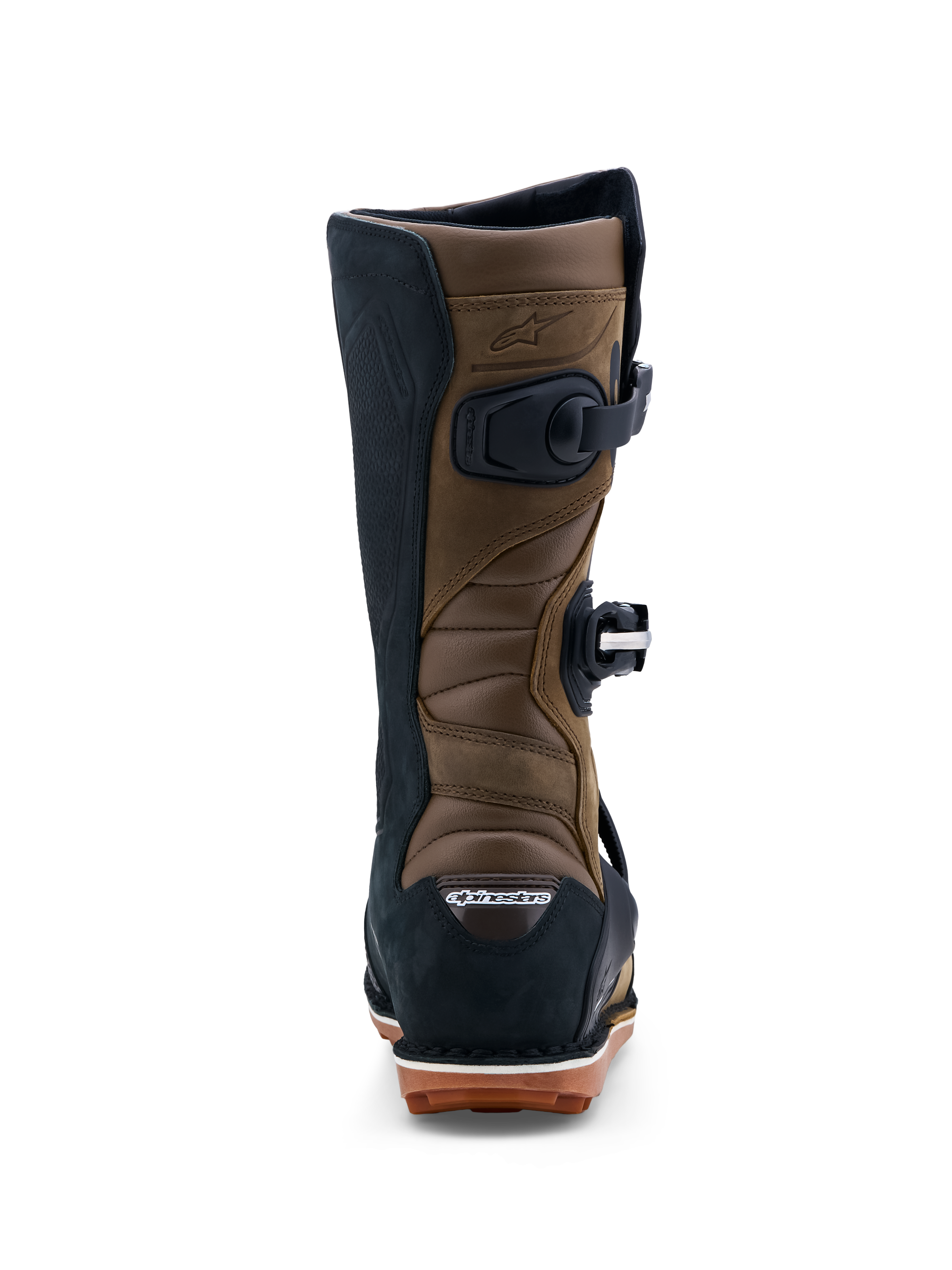 Alpinestars Tech-T, botas de trial para homem, castanhas e pretas, em couro com zonas de acordeão e sola de borracha