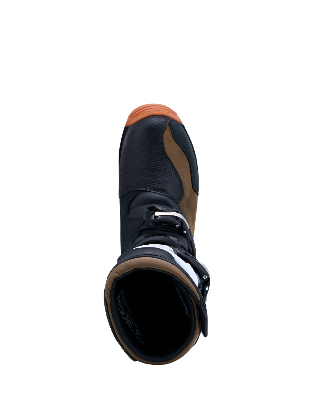 Alpinestars Tech-T, botas de moto para trial, masculino, castanhas e pretas, vista superior, construção em couro e microfibra com sistema de fivelas