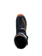 Alpinestars Tech-T, botas de moto para trial, masculino, castanhas e pretas, vista superior, construção em couro e microfibra com sistema de fivelas