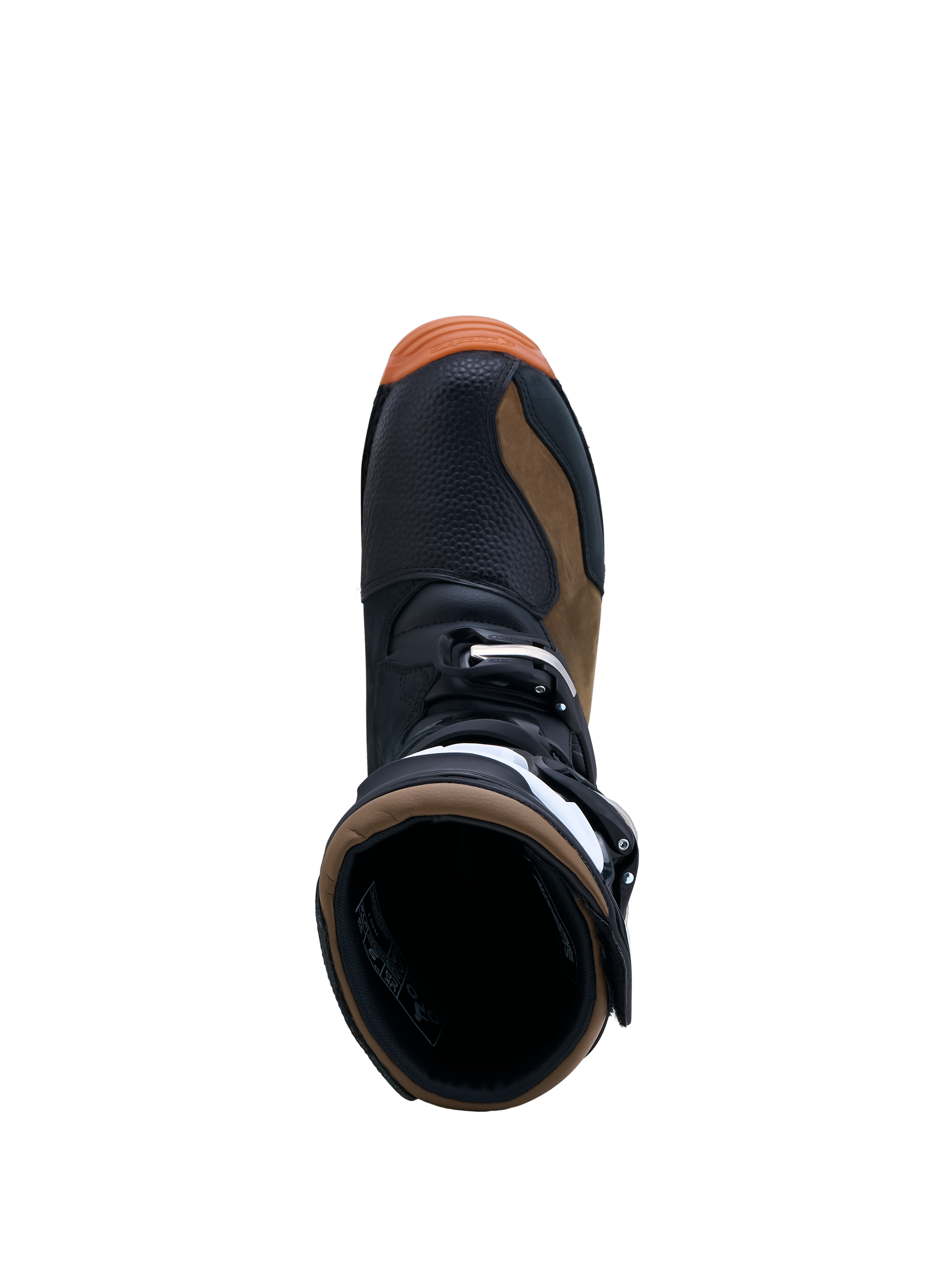 Alpinestars Tech-T, botas de moto para trial, masculino, castanhas e pretas, vista superior, construção em couro e microfibra com sistema de fivelas