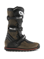Alpinestars Tech-T Boots, Motorcycle Trials Boots, Brown Oiled and Black, side profile view featuring a triple-buckle closure system, ergonomic shin plate with white logo, rugged textured sole with a red accent stripe, designed for off-road trials riding