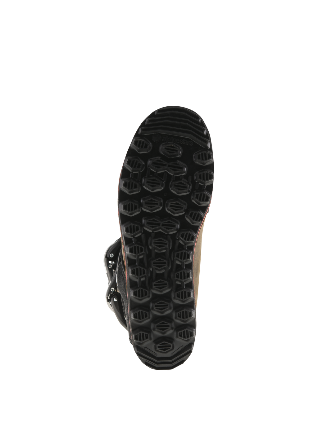 Alpinestars Tech-T Boots, Trials Boots, Brown Oiled leather, bottom view of black proprietary sole, textured hexagonal tread pattern for grip and foot peg sensitivity, durable rubber construction