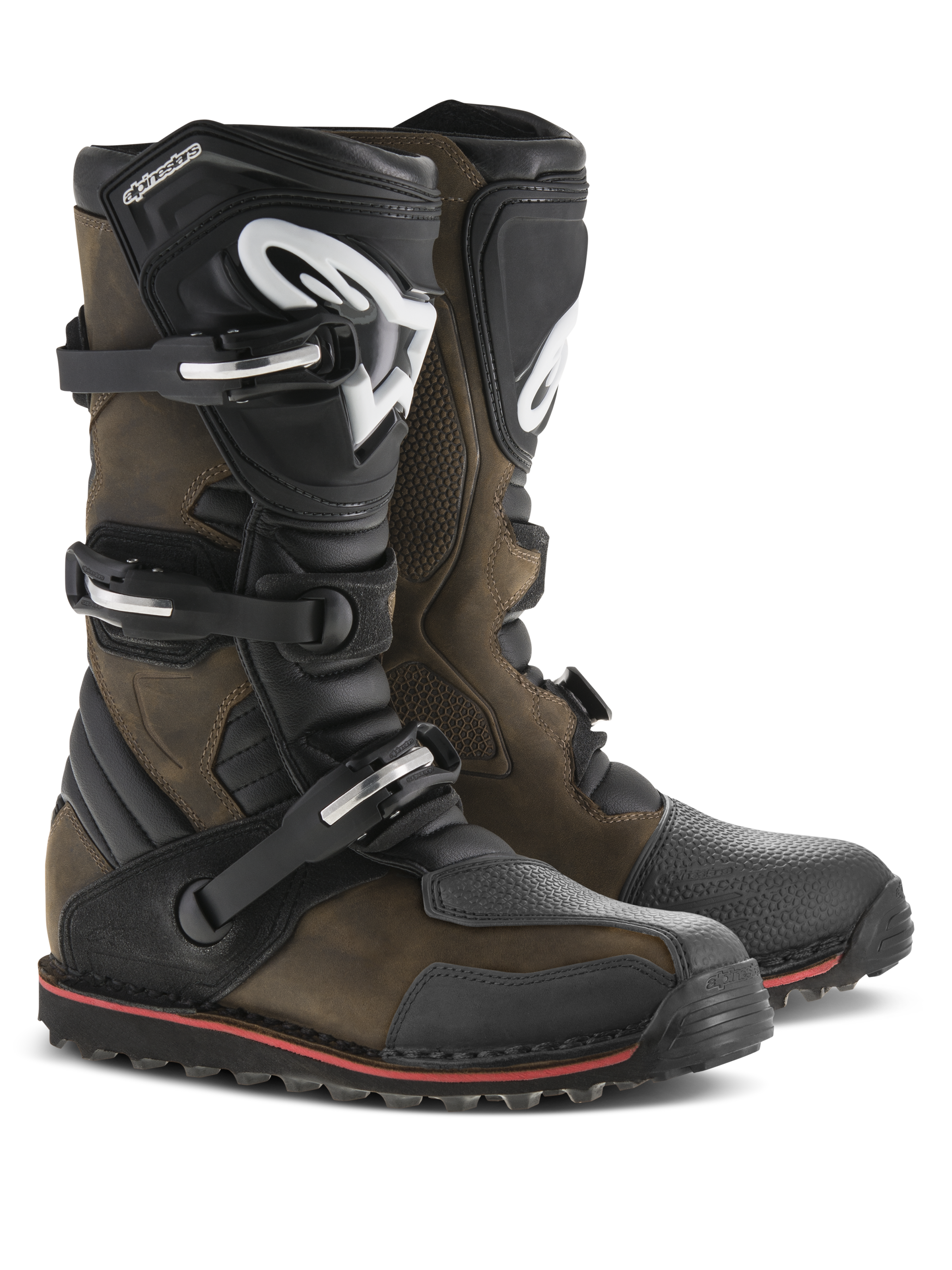 Alpinestars Tech-T Boots, Trials Motorcycle Boots, Brown Oiled leather with black accents, featuring ergonomic shinplates with white Alpinestars logo, triple buckle closure system, and a black sole with a red stripe, rugged off-road footwear