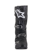 Alpinestars Tech 10 Boots, Motocross Boots, Black with large white star logo on the shin, front view, featuring silver buckles and advanced TPU shell construction for off-road protection.