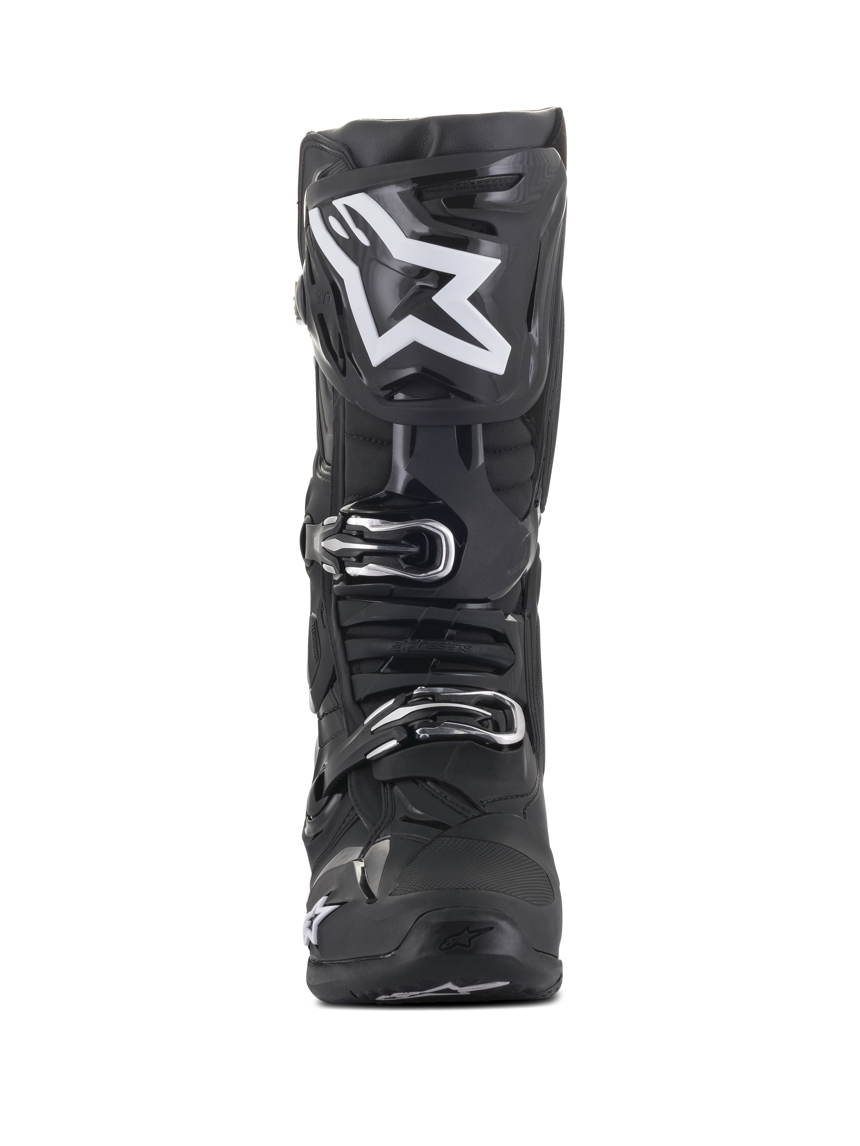 Alpinestars Tech 10 Boots, Motocross Boots, Black with large white star logo on the shin, front view, featuring silver buckles and advanced TPU shell construction for off-road protection.