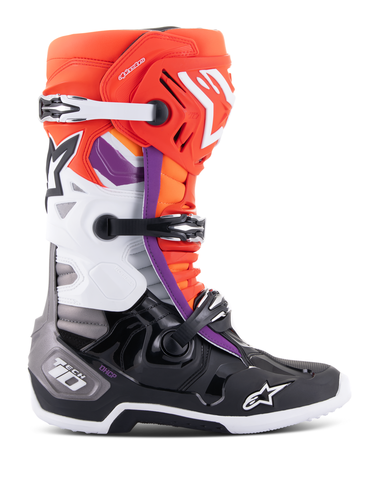 Alpinestars Tech 10 Boots, Motocross Boots, Black, Fluo Orange, White and Purple accents, featuring a triple-buckle closure system, star logos on the shin and toe, and DHCP heel protection, profile view of off-road racing footwear.