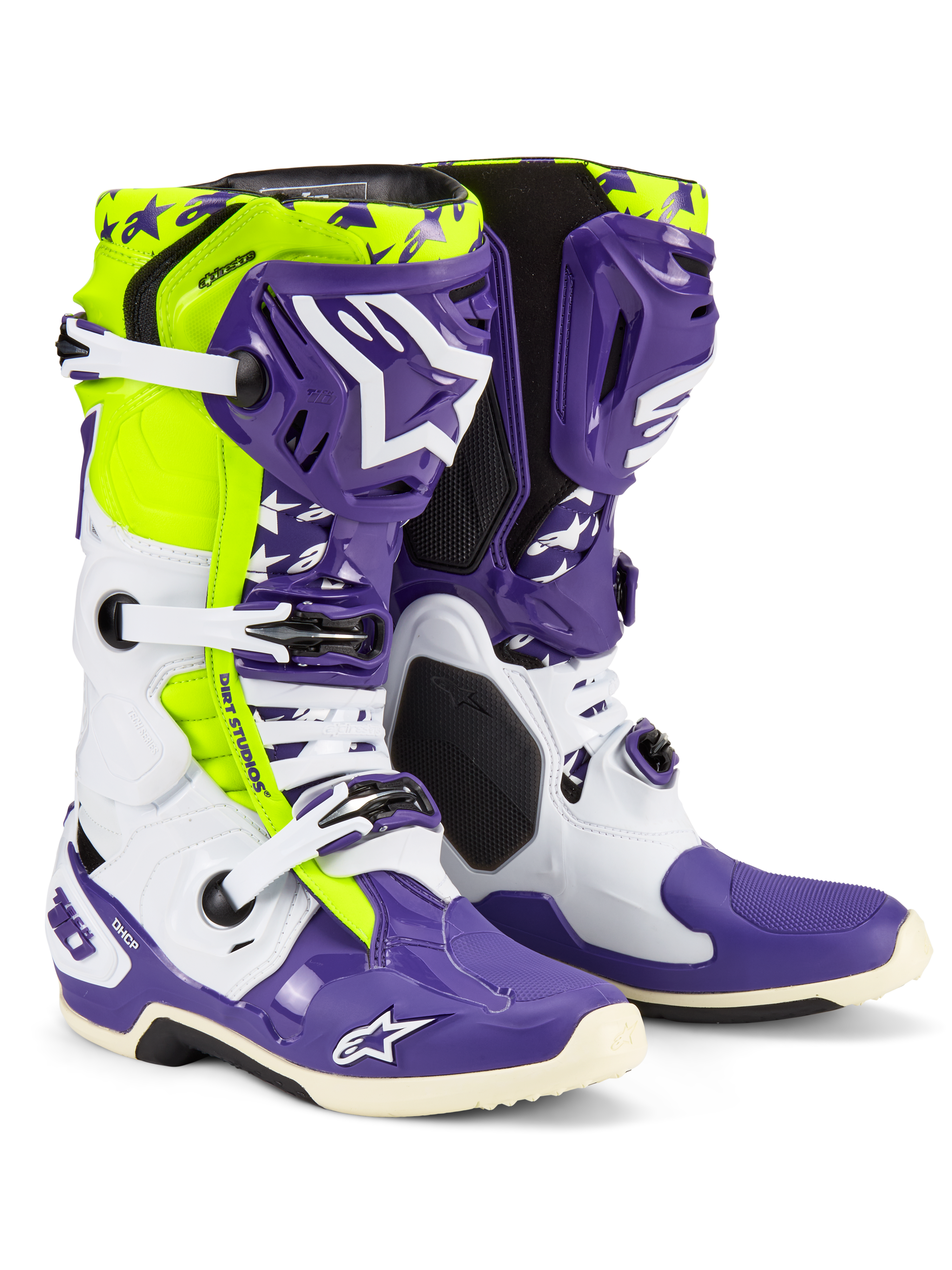Alpinestars Tech 10 Dirt Studios LE Boots, Motocross Boots, White Purple and Yellow Fluo, featuring white and purple protective shells with fluo yellow accents, 'Dirt Studios' branding, and white buckles, limited edition high-performance off-road footwear