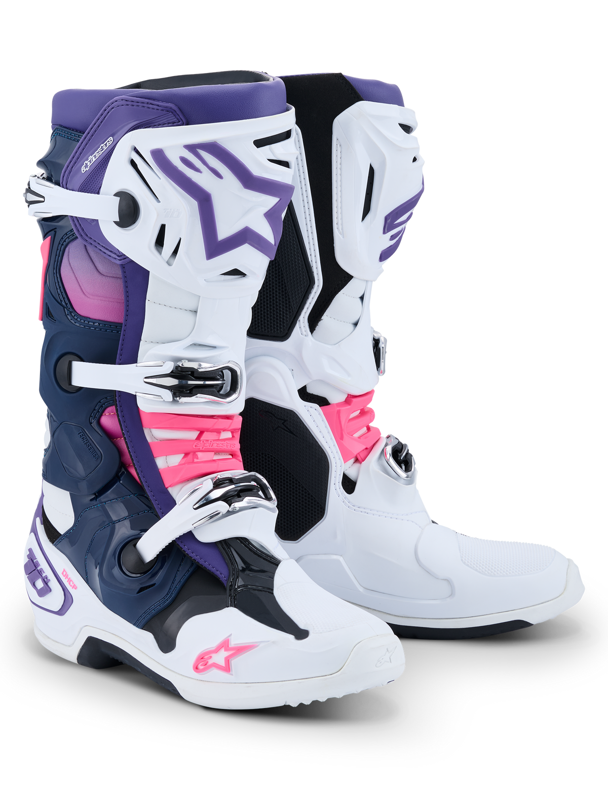 Botas Alpinestars Tech 10, botas de motocross, branco, violeta, azul marinho e rosa fluorescente, com sistema de fecho de três fivelas, painéis em azul marinho e roxo, e detalhes em rosa fluorescente nas correias e logótipos, calçado de competição todo-o-terreno de nível profissional.