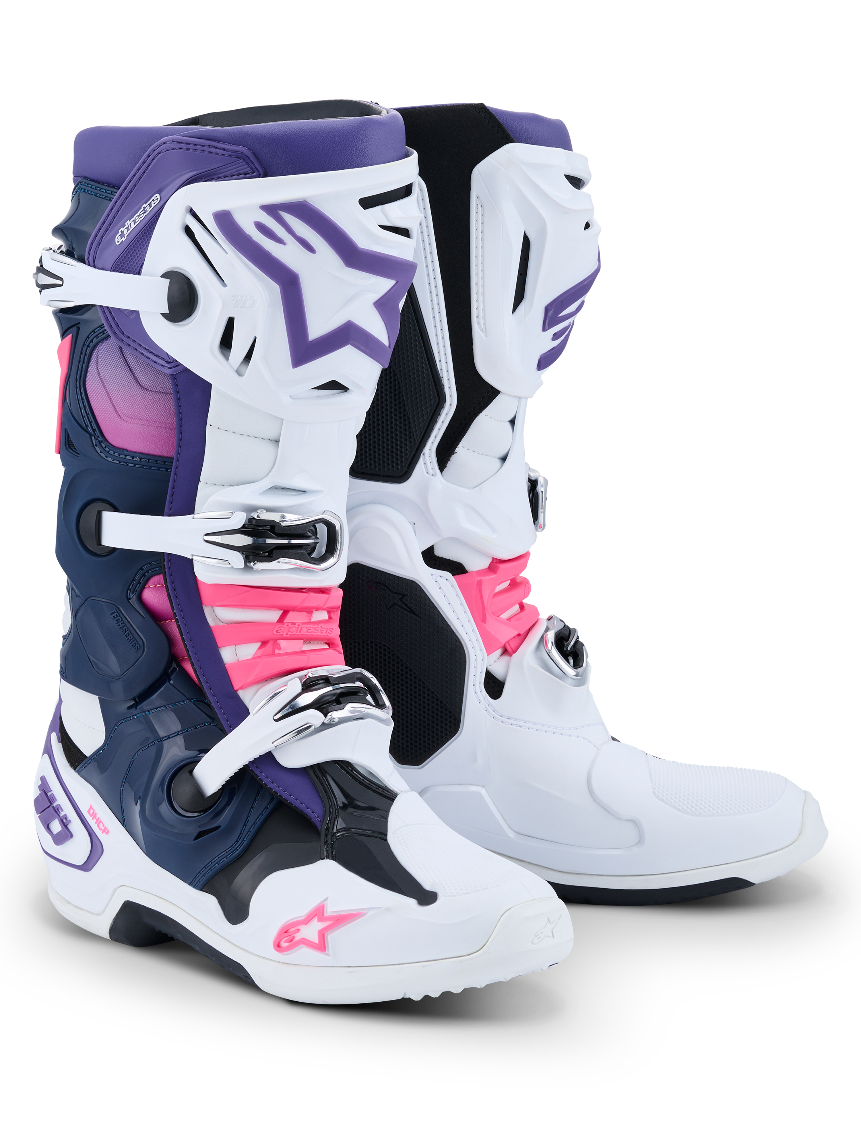 Botas Alpinestars Tech 10, botas de motocross, branco, violeta, azul marinho e rosa fluorescente, com sistema de fecho de três fivelas, painéis em azul marinho e roxo, e detalhes em rosa fluorescente nas correias e logótipos, calçado de competição todo-o-terreno de nível profissional.