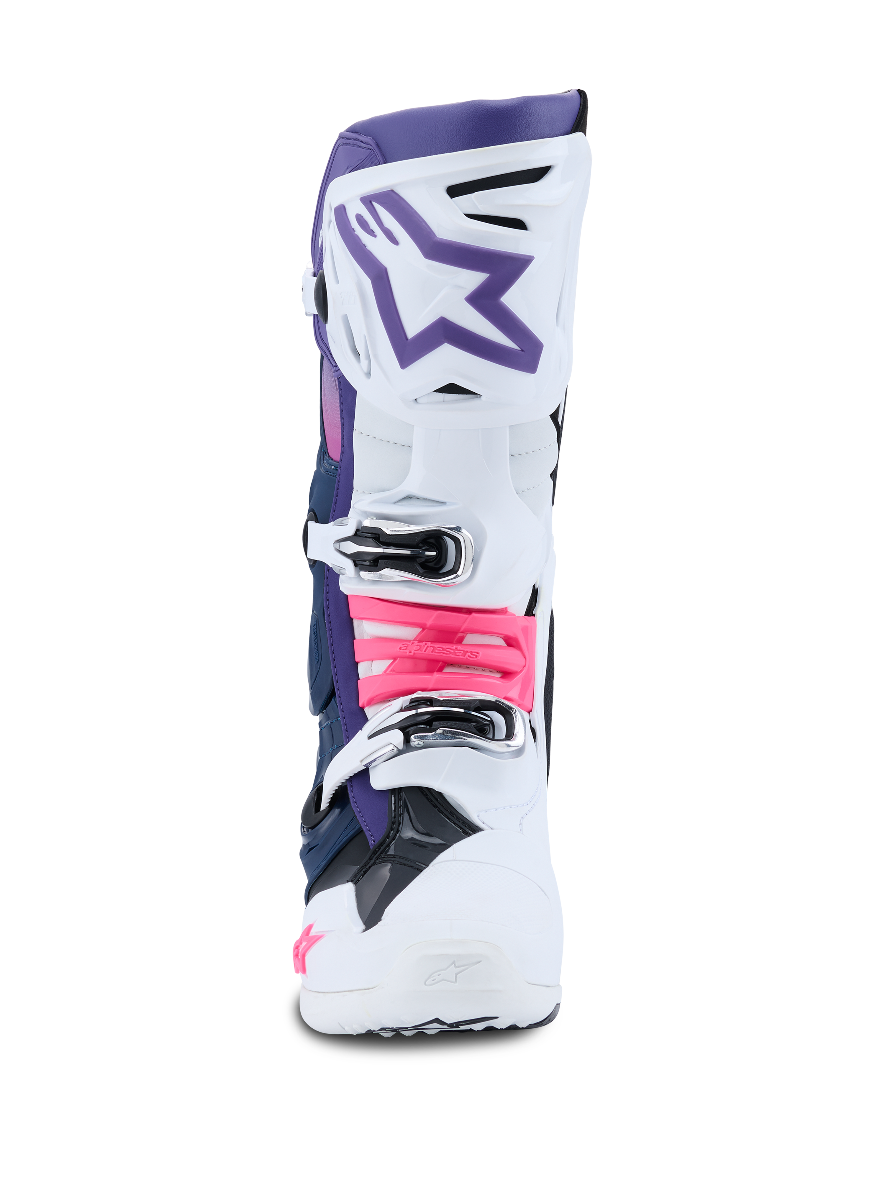 Botas Alpinestars Tech 10, botas de motocross, brancas, violetas, azul-marinho e rosa fluorescente, vista frontal, com uma estrutura protetora branca com uma secção superior violeta, logótipo de estrela roxa e detalhes de fivelas em rosa fluorescente, calçado todo-o-terreno de nível profissional