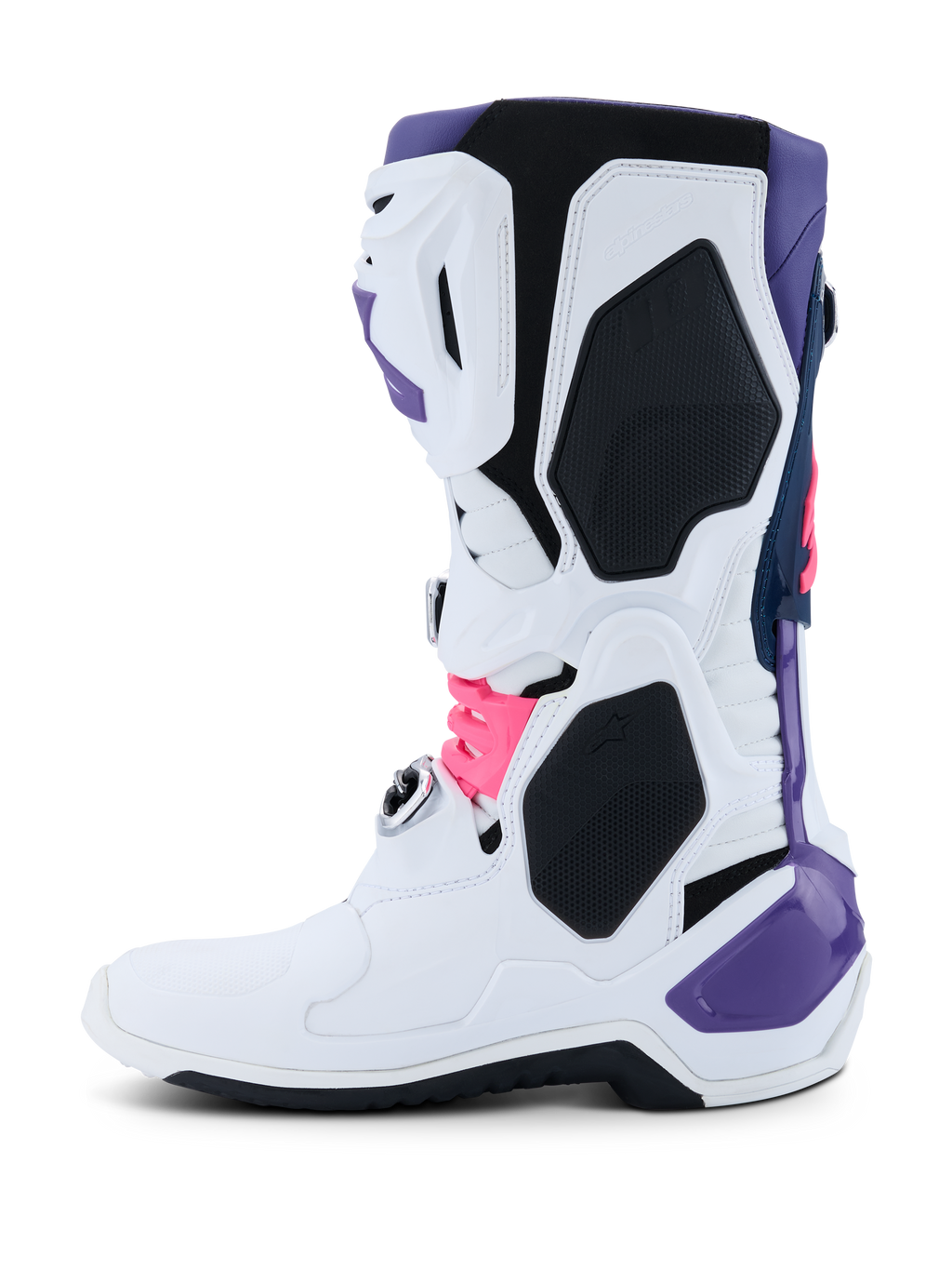Botas Alpinestars Tech 10, botas de motocross, branco, violeta, azul marinho e rosa néon, perfil lateral com estrutura principal branca e detalhes em violeta, azul marinho e rosa néon, painéis protetores em TPU e design elegante para desempenho em todo-o-terreno