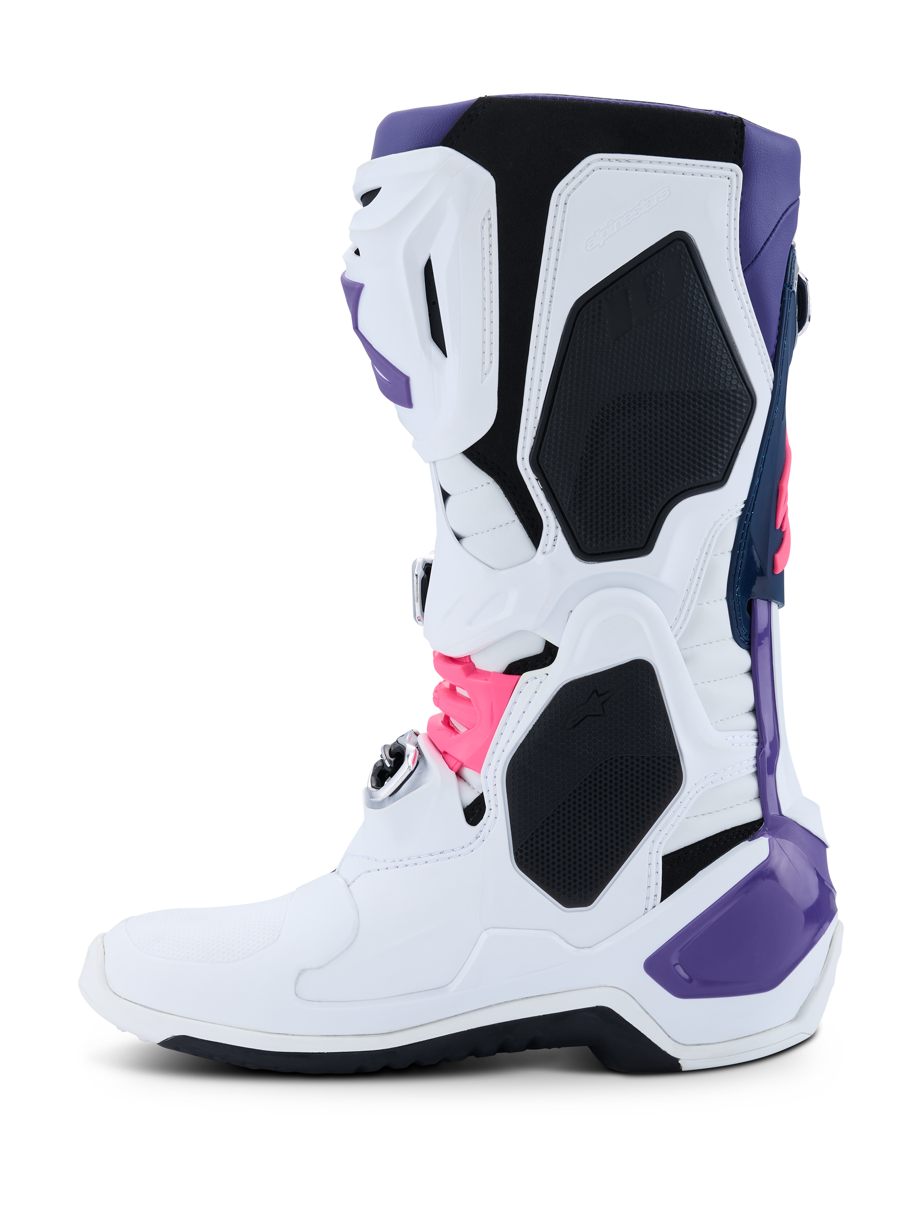 Botas Alpinestars Tech 10, botas de motocross, branco, violeta, azul marinho e rosa néon, perfil lateral com estrutura principal branca e detalhes em violeta, azul marinho e rosa néon, painéis protetores em TPU e design elegante para desempenho em todo-o-terreno